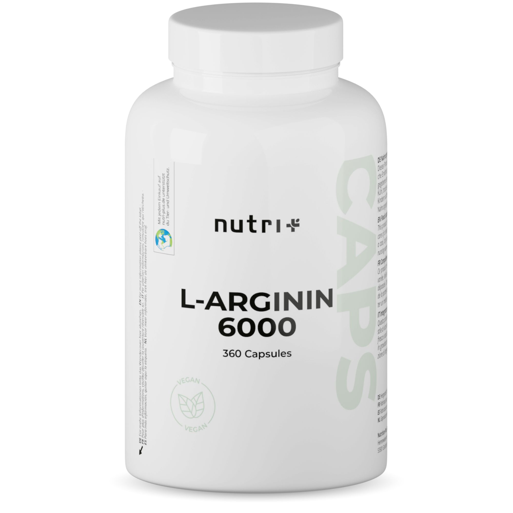 Flacone bianco con tappo a vite. Scritta: nutri+, L-ARGININ 6000, 360 capsule. Sigillo vegano.