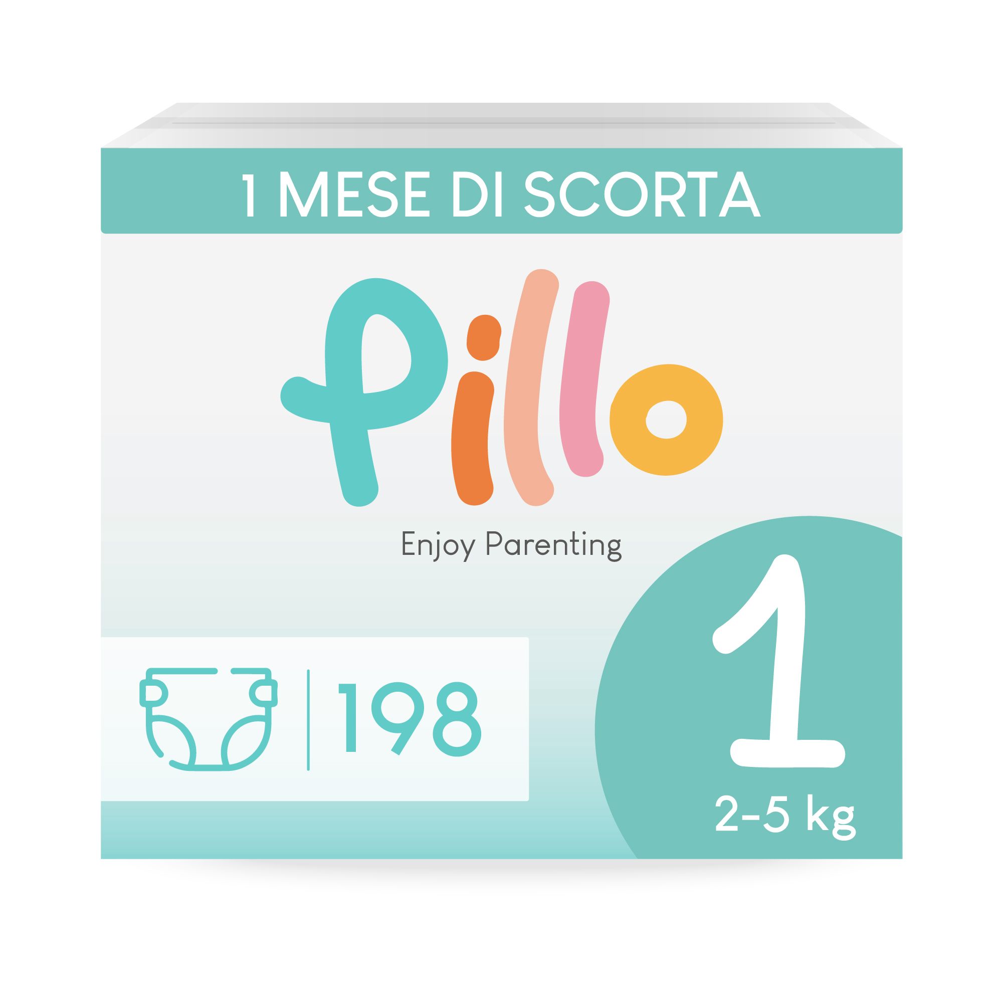 Confezione di pannolini Pillo taglia 1. Scritte: 1 Mese di Scorta, Pillo, Enjoy Parenting, 1, 2-5 kg, 198 pezzi.