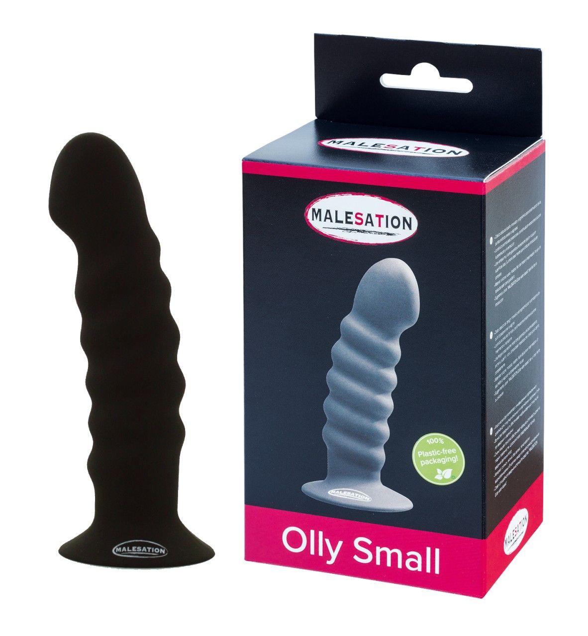 Schwarzer Dildo mit geriffelter Oberfläche und breiter Basis. Neben der Verpackung mit Produktabbildung und Schriftzug MALESATION.