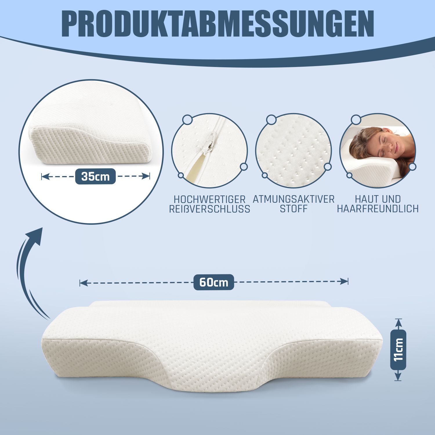ELONEO Anti-Schnarch Kissen, 35x11x60cm, stabile Lage des Kopfes, Hausstauballergiker geeignet