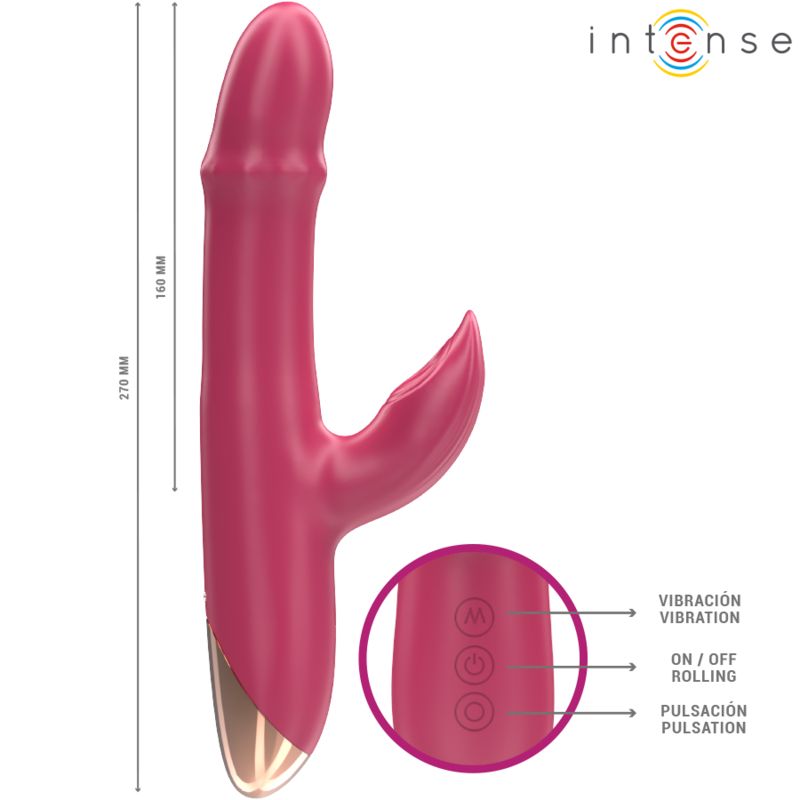 Rosa Vibrator mit goldfarbener Basis. Abmessungen: 270 mm hoch, 160 mm breit. Marke: Intense. Auf dem Produkt sind Knöpfe zu sehen.