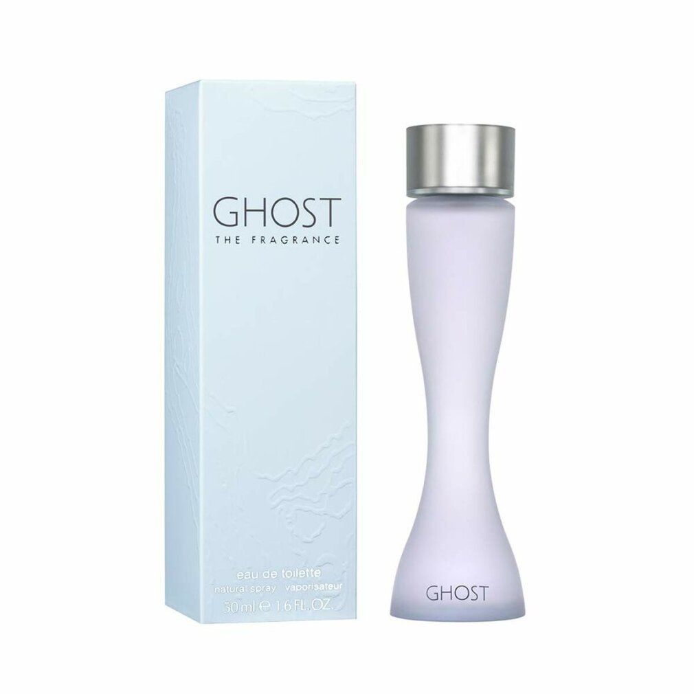 Hellblaue Flasche und Verpackung. Flasche mit silbernem Deckel, tailliertem Design. Verpackung mit Markenlogo.