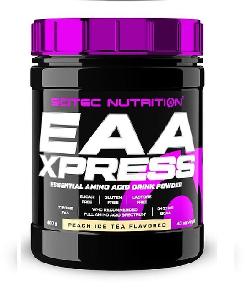Schwarze Dose mit lila Deckel. Aufschrift: Scitec Nutrition EAA Xpress, Essential Amino Acid Drink Powder. Geschmack: Peach Ice Tea Flavored.