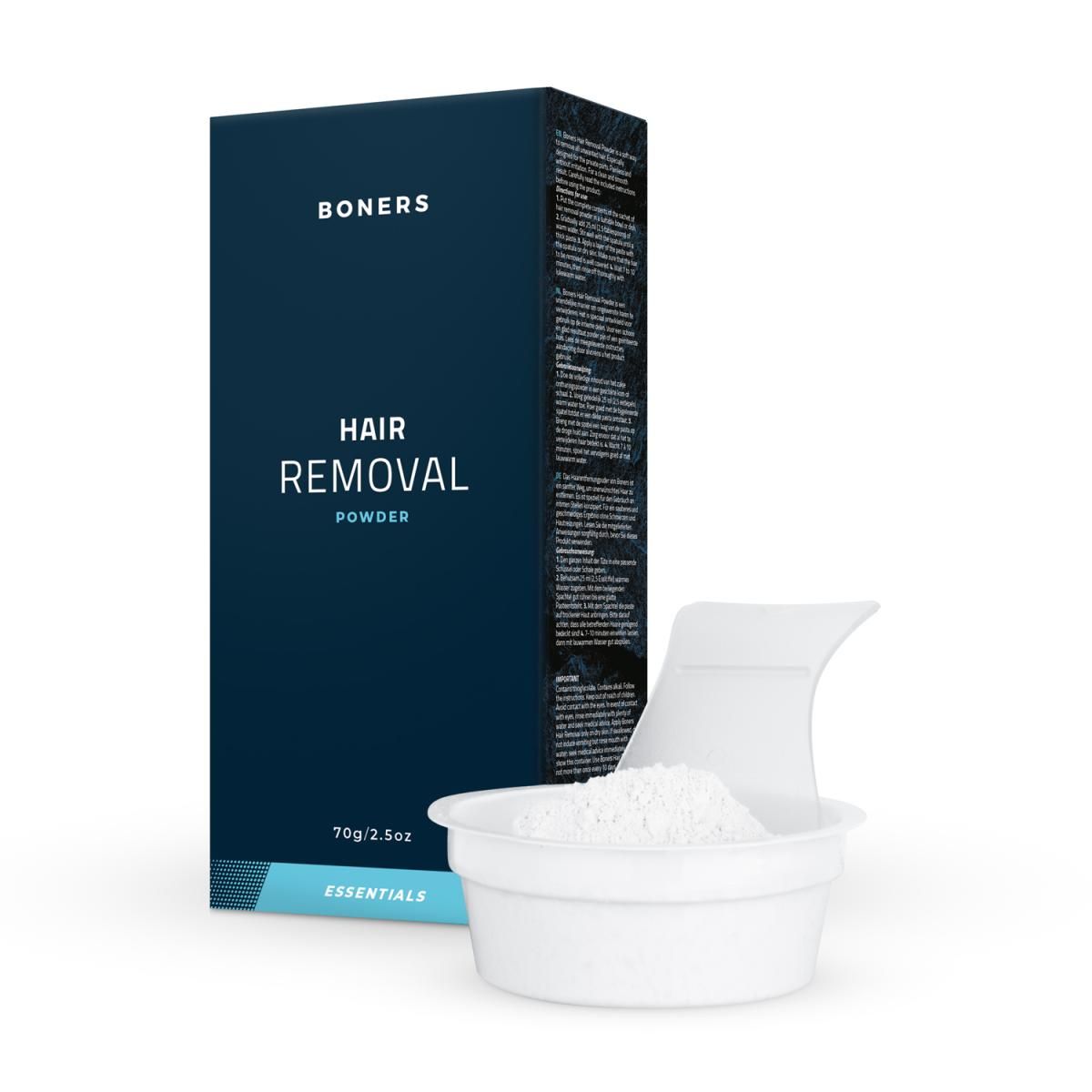 Dunkelblaue Schachtel mit Produktnamen und Pulver in einem weißen Behälter. Aufschrift: HAIR REMOVAL POWDER.