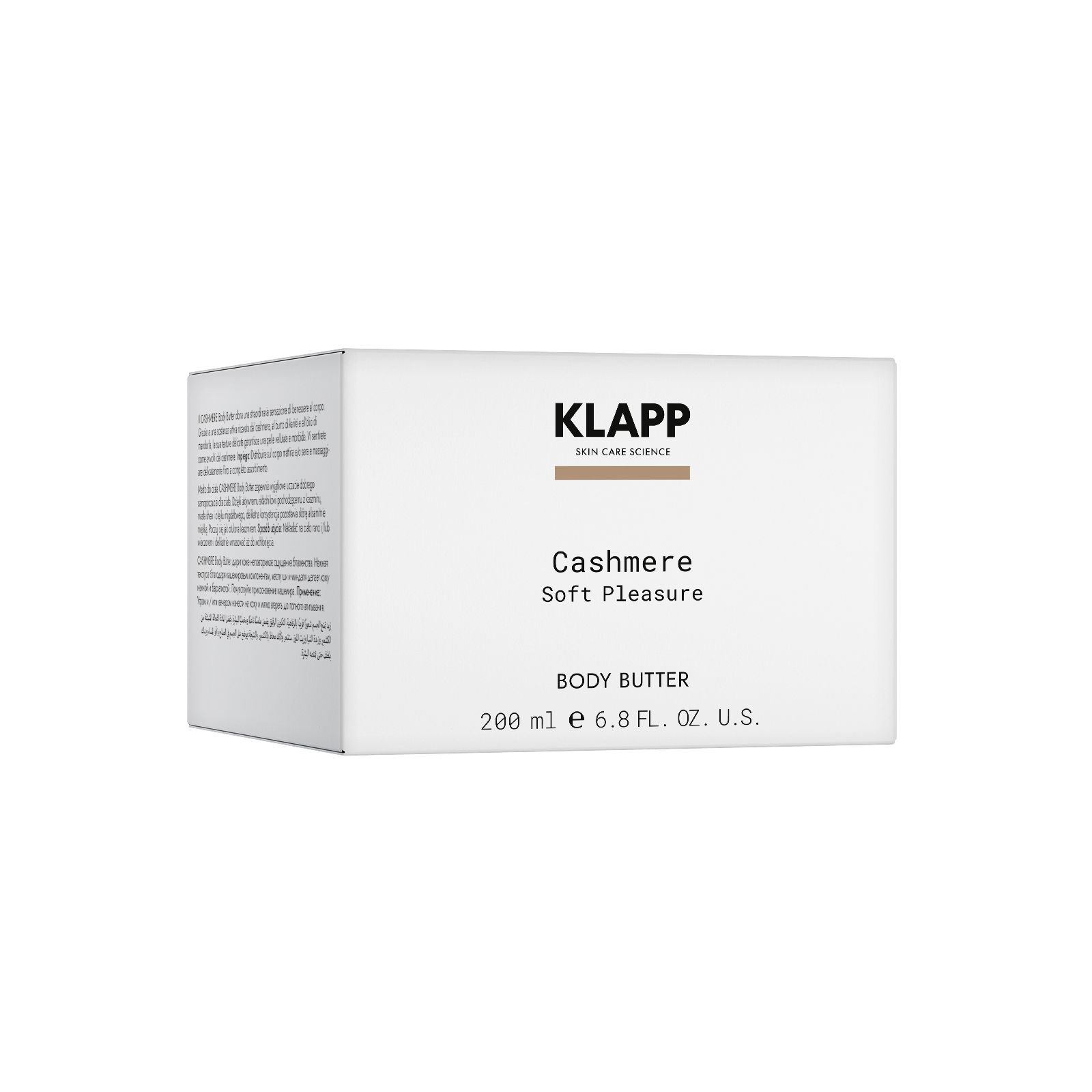 Weiße Klapp Cashmere Body Butter Verpackung. Schriftzug: Klapp, Cashmere, Soft Pleasure, Body Butter. Text auf der Seite.