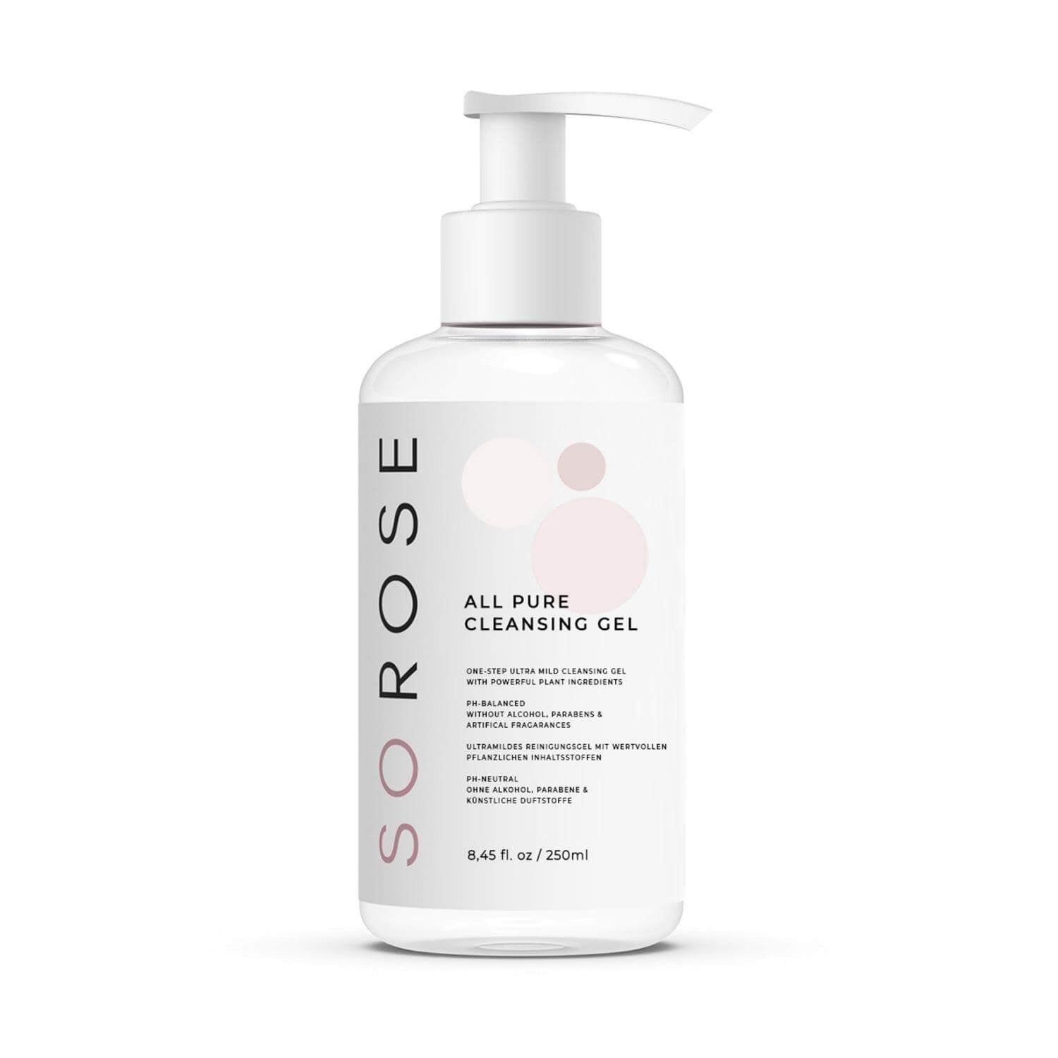 Klare Flasche mit weißem Pumpkopf. Aufschrift: SOROSE, ALL PURE CLEANSING GEL. Weitere Textangaben auf dem Etikett.