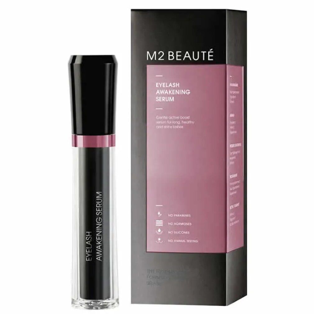 M2 Beauté Eyelash Awakening Serum. Schwarze Flasche mit Verpackung. Schwarzer Deckel und rosa Ring. Produktname.