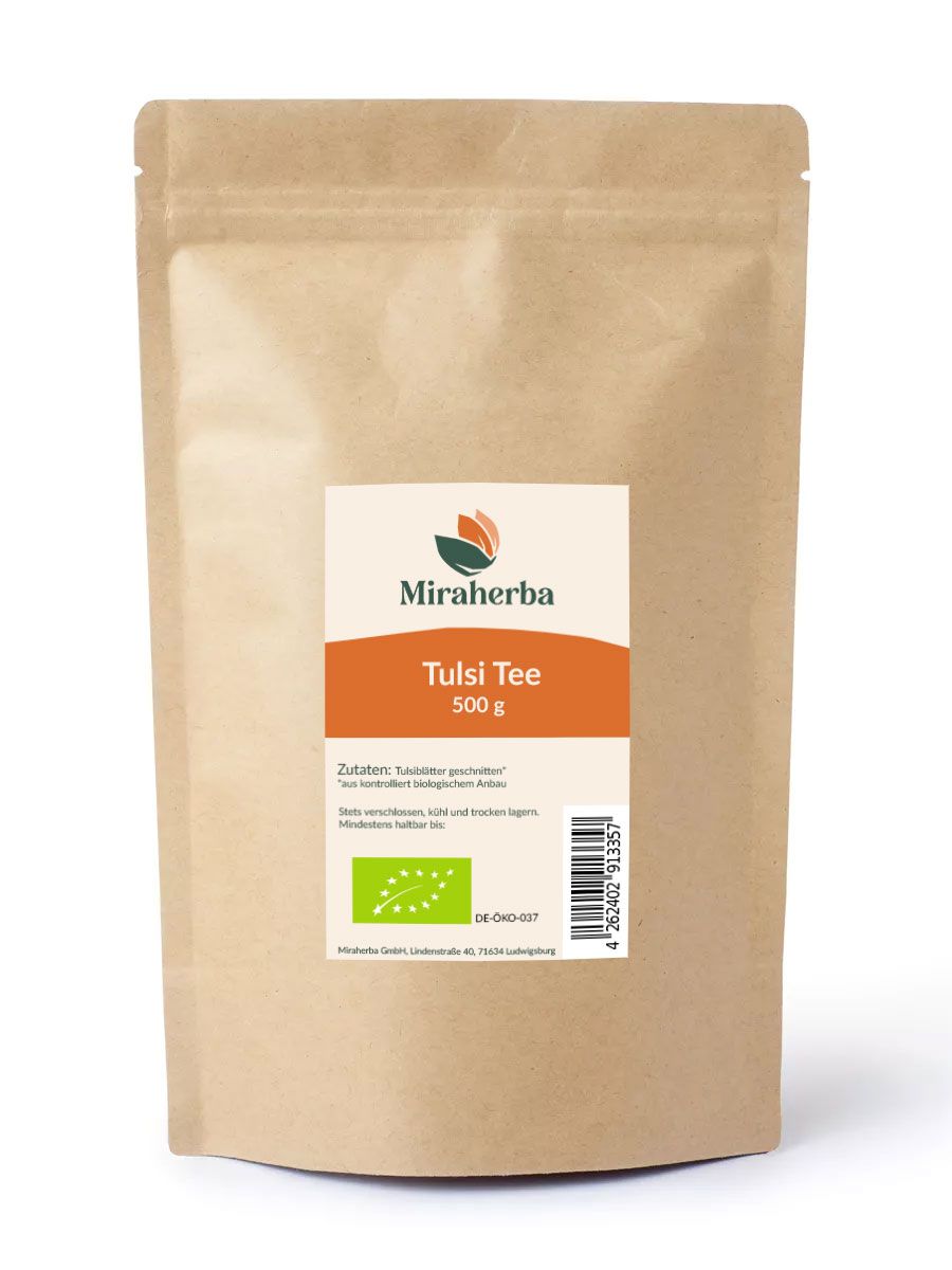 Miraherba Bio Tulsi Tee 500g Beutel mit Bio-Siegel.