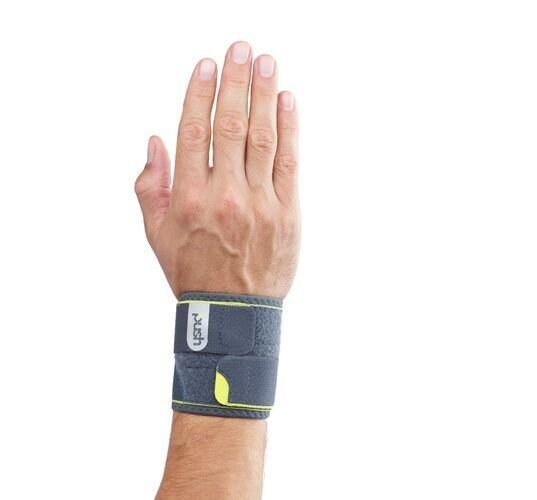 Handgelenkstütze, grau mit gelben Akzenten, am Handgelenk getragen. Push-Logo und Klettverschluss.