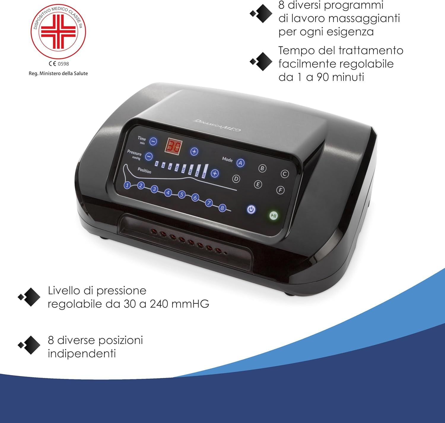 Schwarzes Massagegerät mit digitalem Display, das Programme, Zeit und Druck anzeigt. CE-zertifiziert.
