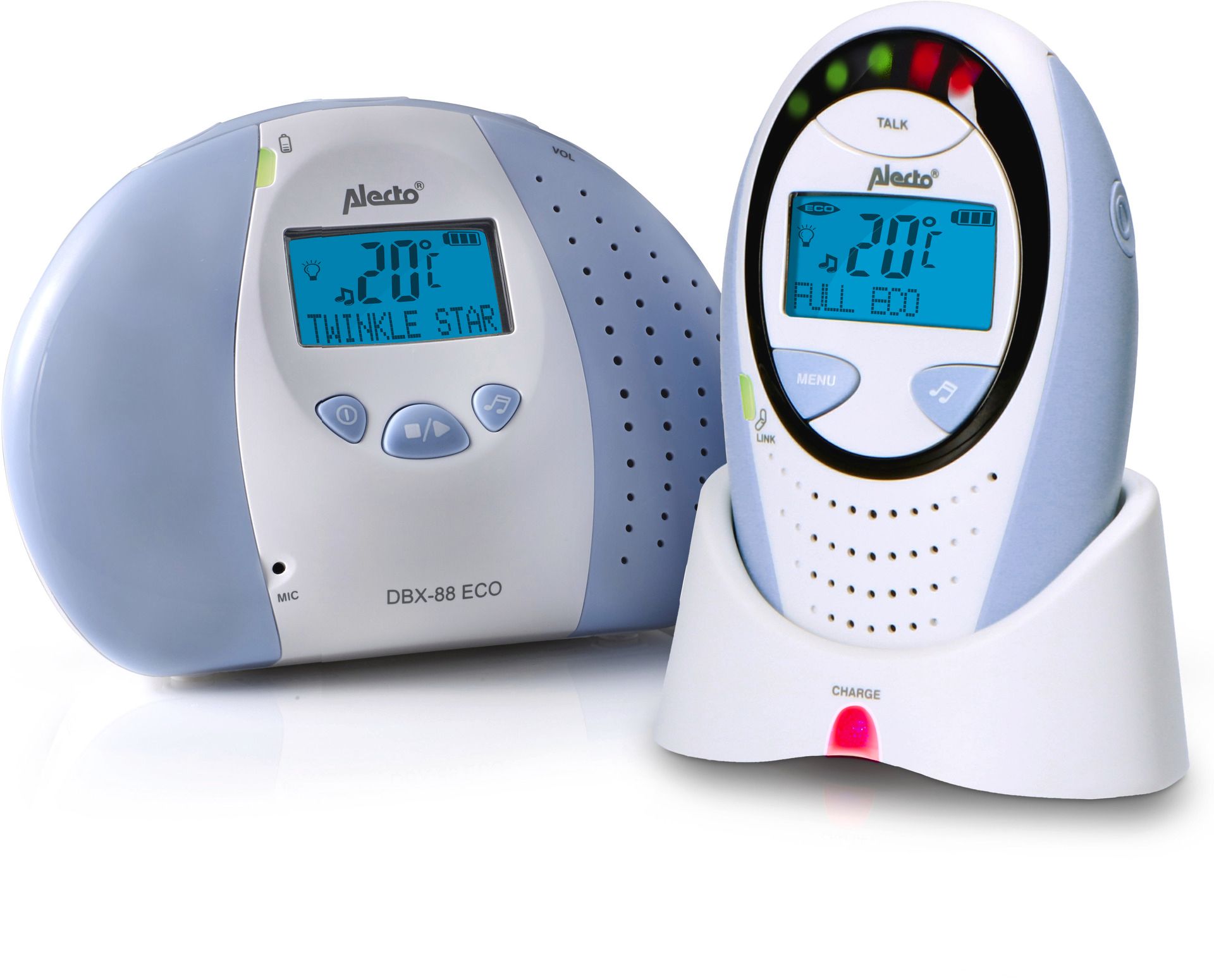Alecto DBX-88 ECO DECT Babyphone Weiß Blau Display Gegensprechfunktion bis 300m