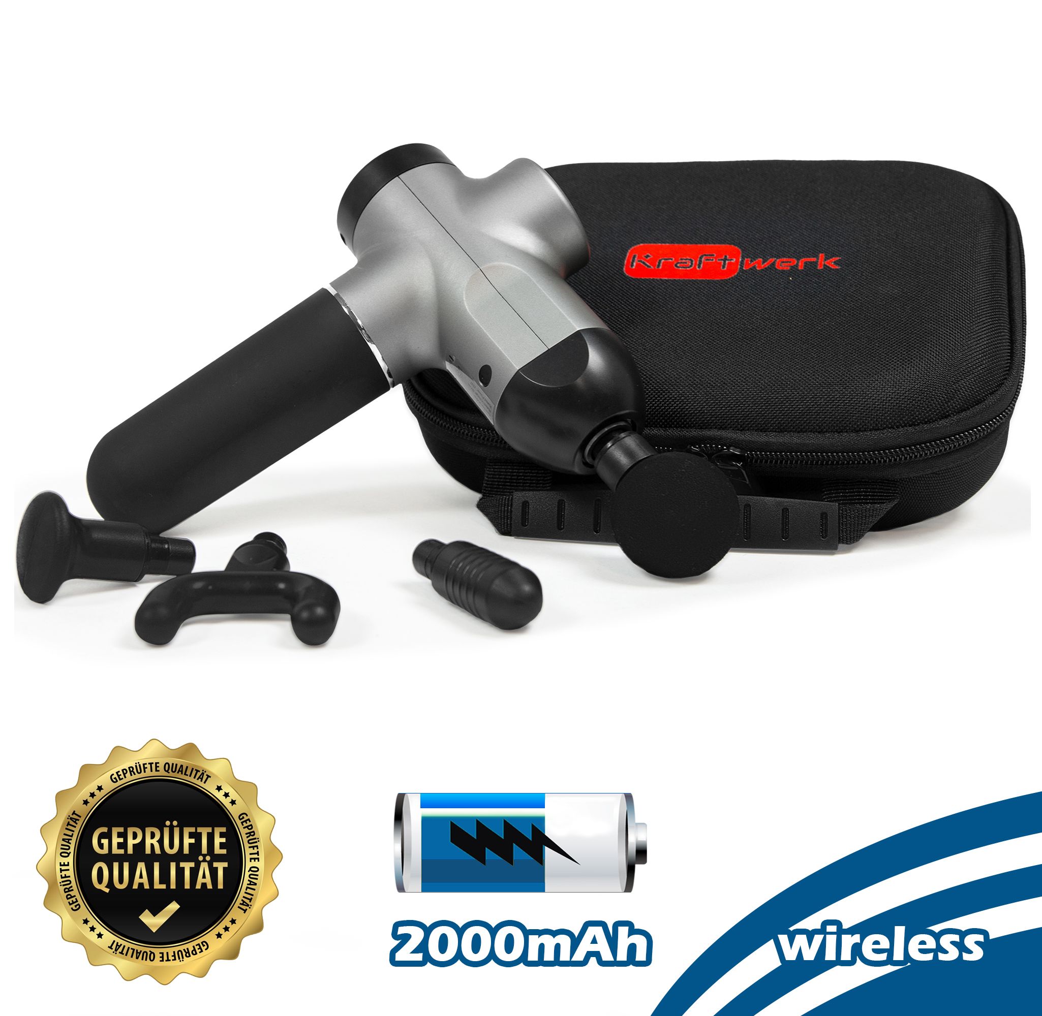 Massagepistole mit Zubehör und Transporttasche. Geprüfte Qualität. Akku-Anzeige. Aufschrift: Kraftwerk.