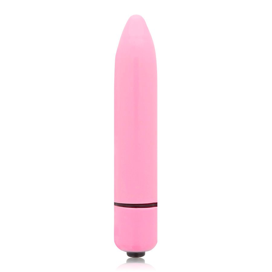 Rosa Minivibrator. Zylindrische Form mit abgerundeter Spitze. Schwarzer Ring am unteren Ende. Glatte Oberfläche.