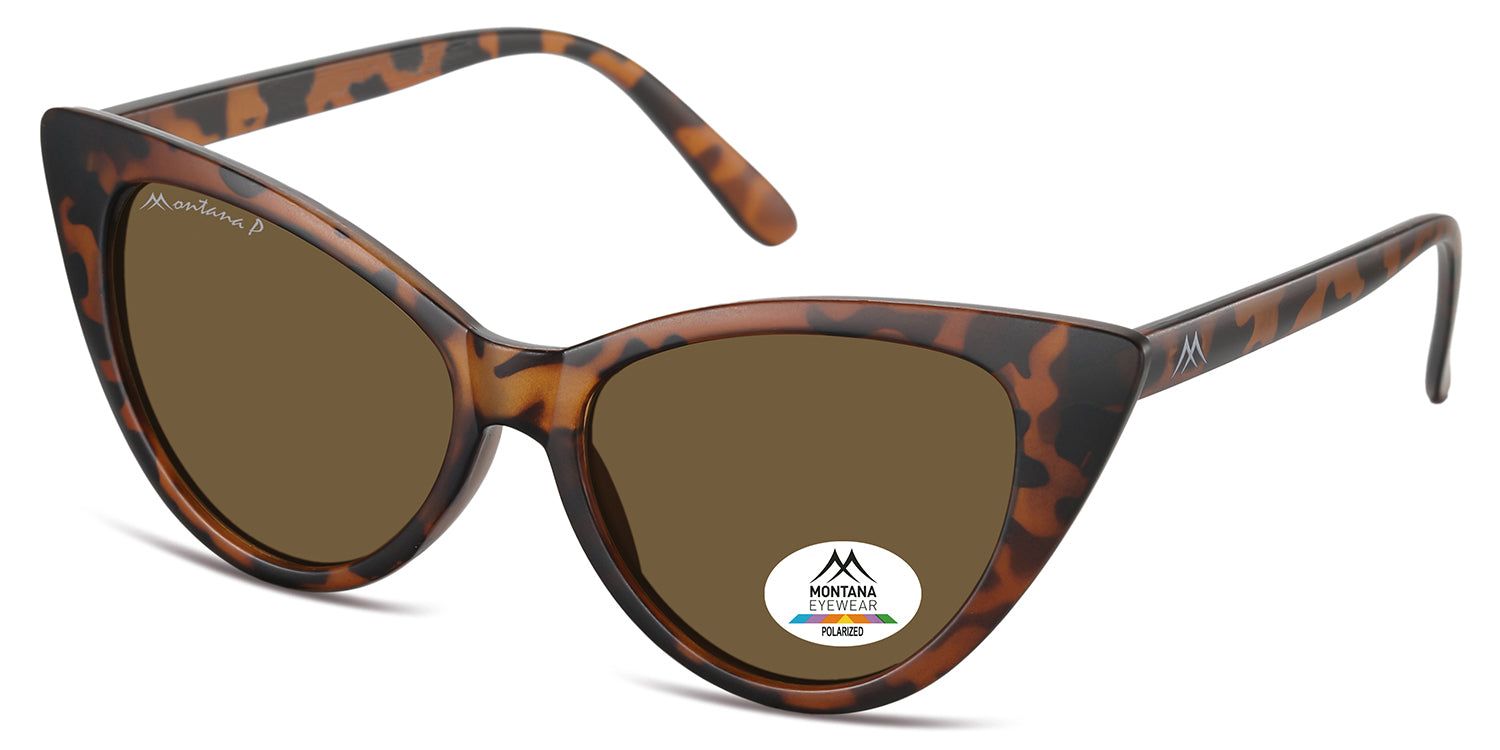 Sonnenbrille mit braunen Gläsern und braun-gemustertem Rahmen. Montana Eyewear Logo auf dem Glas und Bügel.