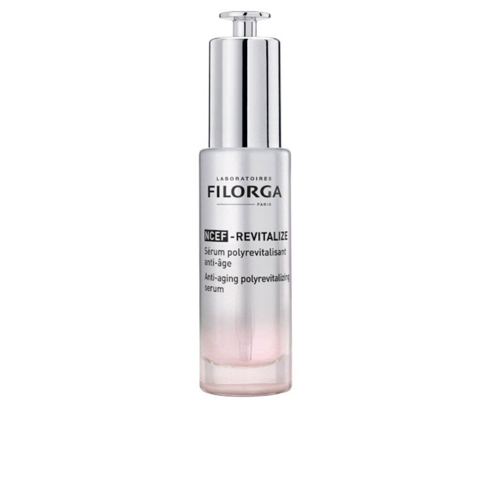 Filorga NCEF-Revitalize Serum. Flasche mit silbernem Deckel und Pumpe. Aufschrift: NCEF-Revitalize Serum. Rosa Flüssigkeit sichtbar.