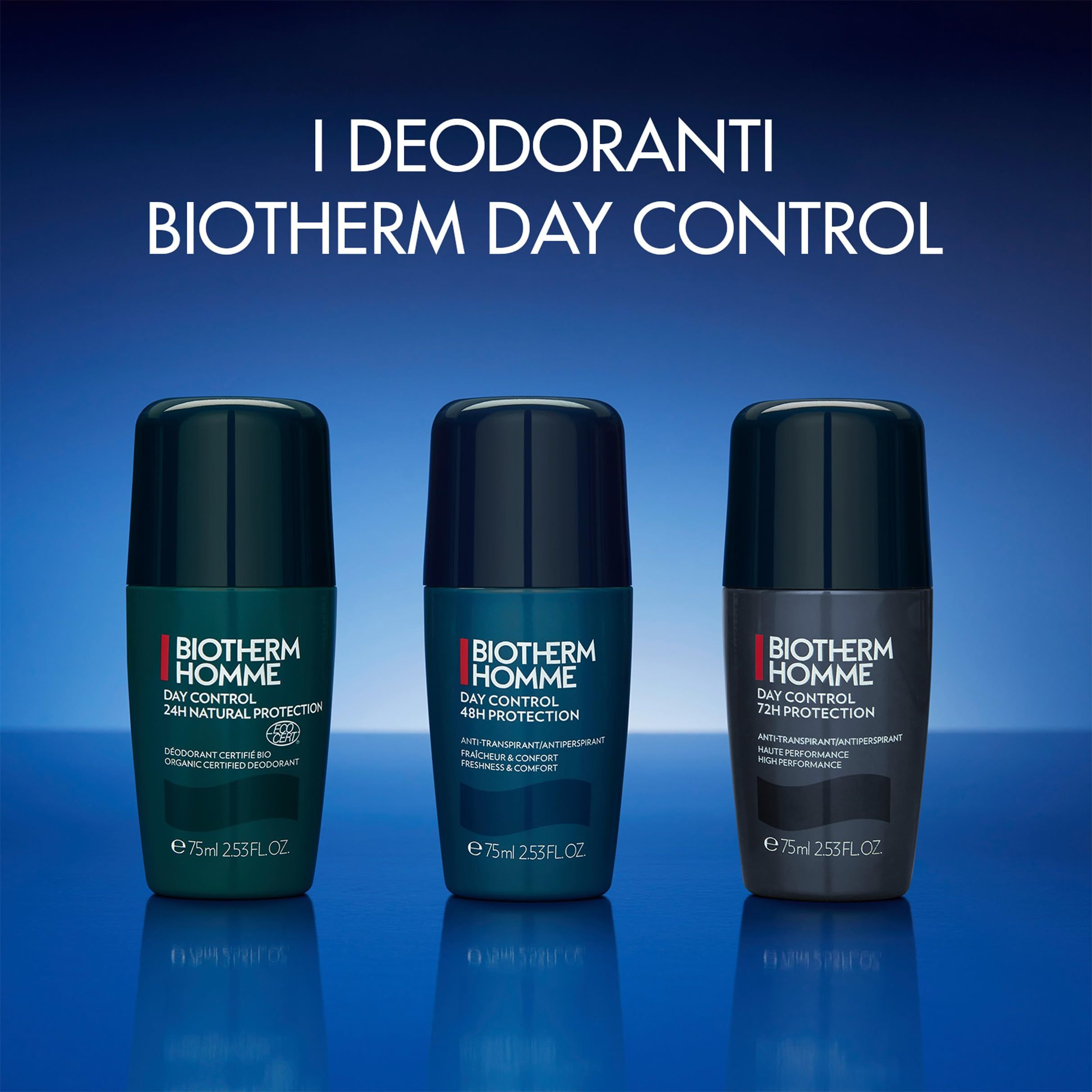 Drei Roll-On-Deodorants. BIOTHERM HOMME DAY CONTROL. 24H, 48H, 72H PROTECTION. 75 ml.