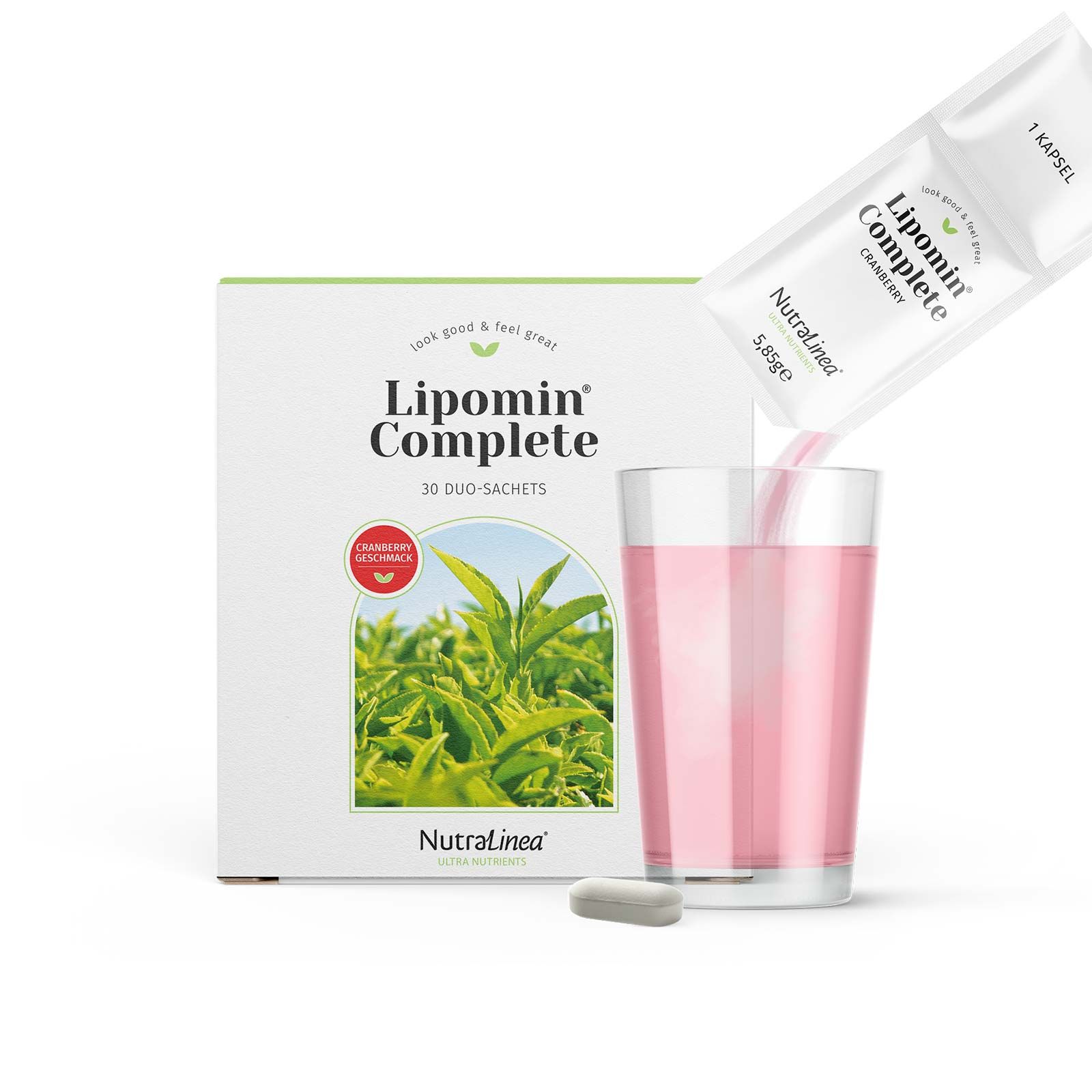 "Lipomin Complete"-Verpackung, Kapsel und Getränk in Glas. Cranberry-Geschmack. NutraLinea-Logo.