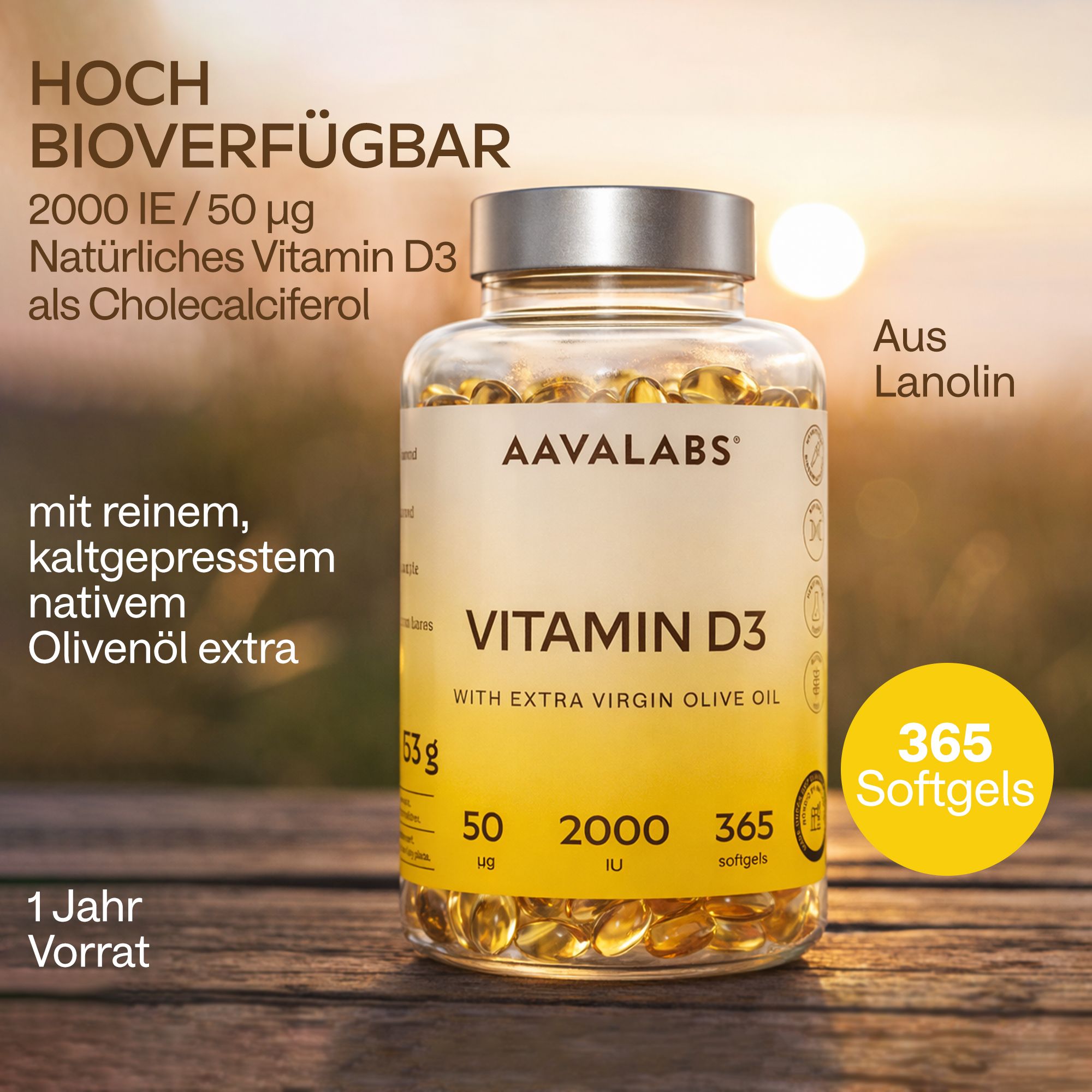 Flasche Vitamin D3 Softgels mit Olivenöl, 365 Stück, 1-Jahres-Vorrat.