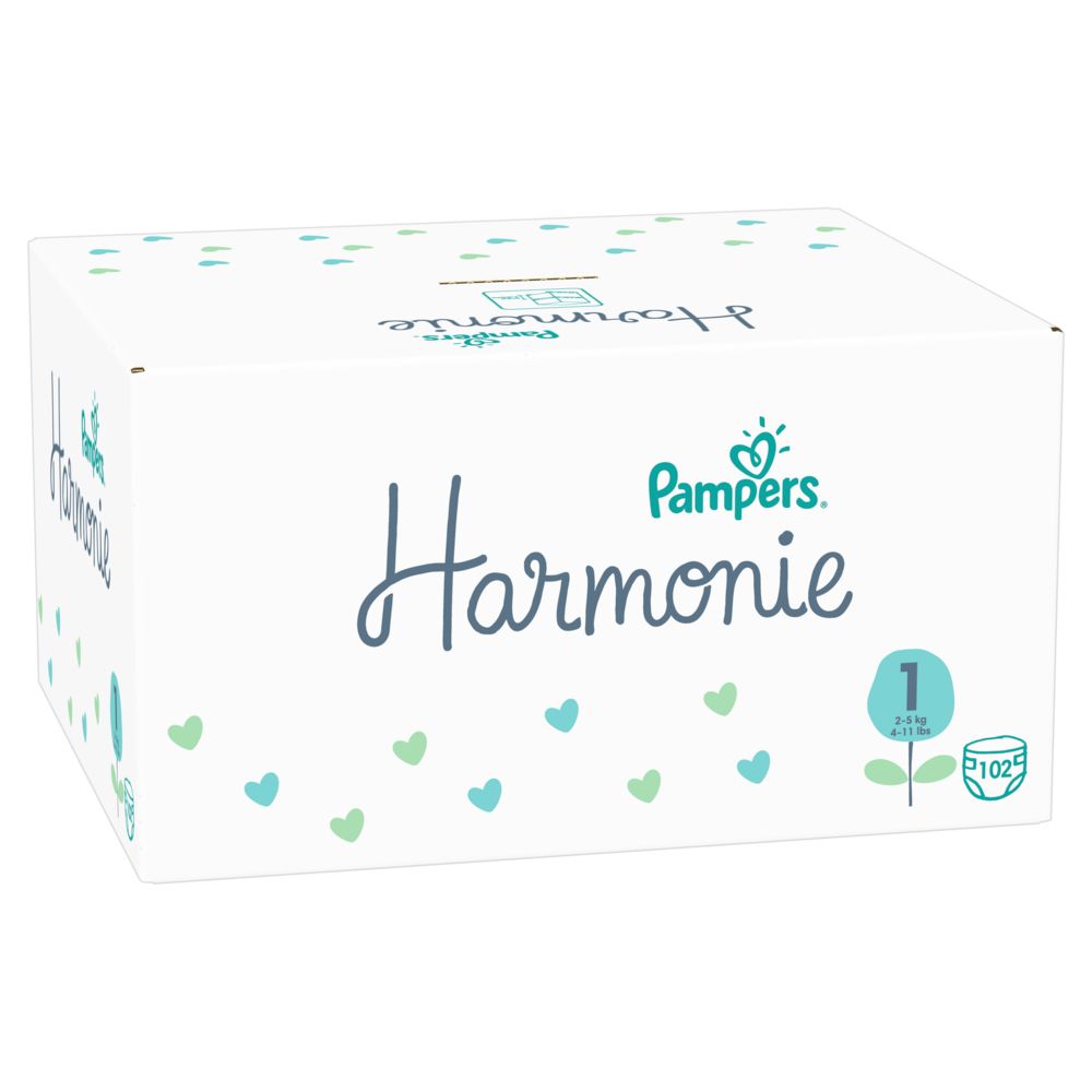 Pampers Harmonie Box. Weiße Box mit blau-grünen Herzen. Pampers-Logo. Aufschrift "Harmonie" und "Gr.1".
