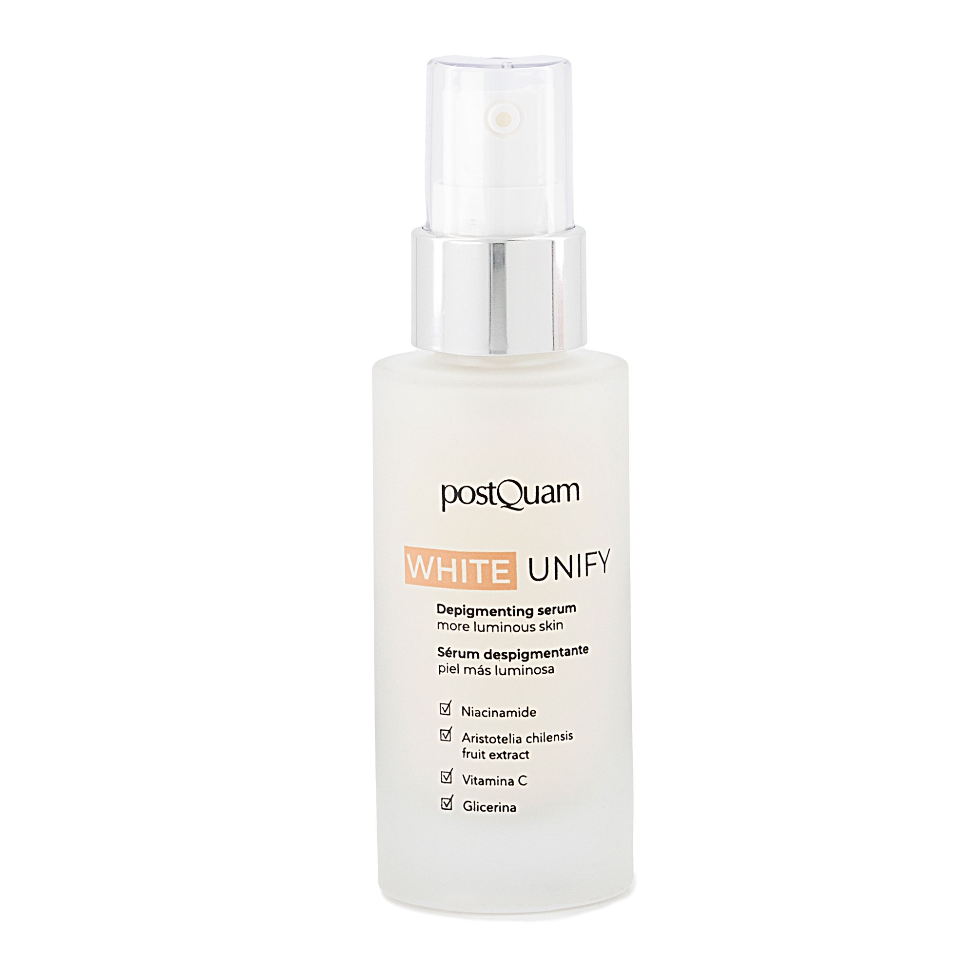 Serumflasche mit Sprühkopf. Aufschrift: PostQuam, White Unify, Depigmentierendes Serum. Inhaltsstoffe: Niacinamid, Vitamin C, Glycerin.