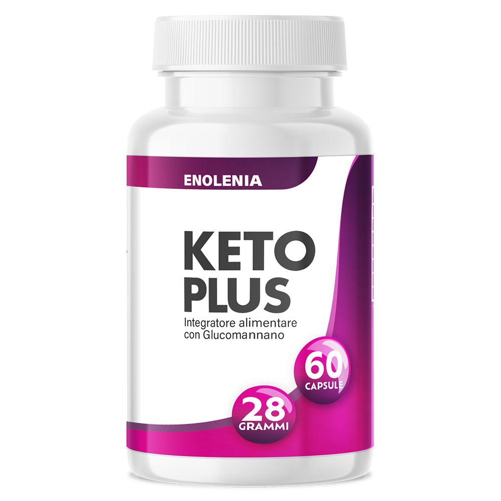 Flacone bianco con etichetta viola. Contiene capsule. Scritta: Enolenia, Keto Plus, 60 capsule, 28 grammi.
