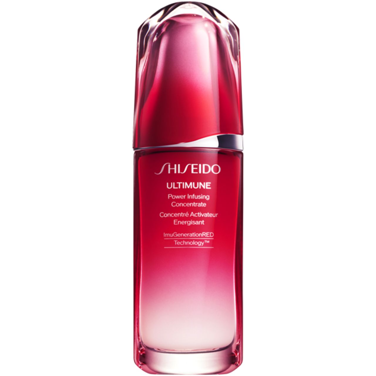 Rote Flasche mit Shiseido Ultimune Power Infusing Concentrate. Text auf der Flasche: Ultimune, Power Infusing Concentrate, Energisant.