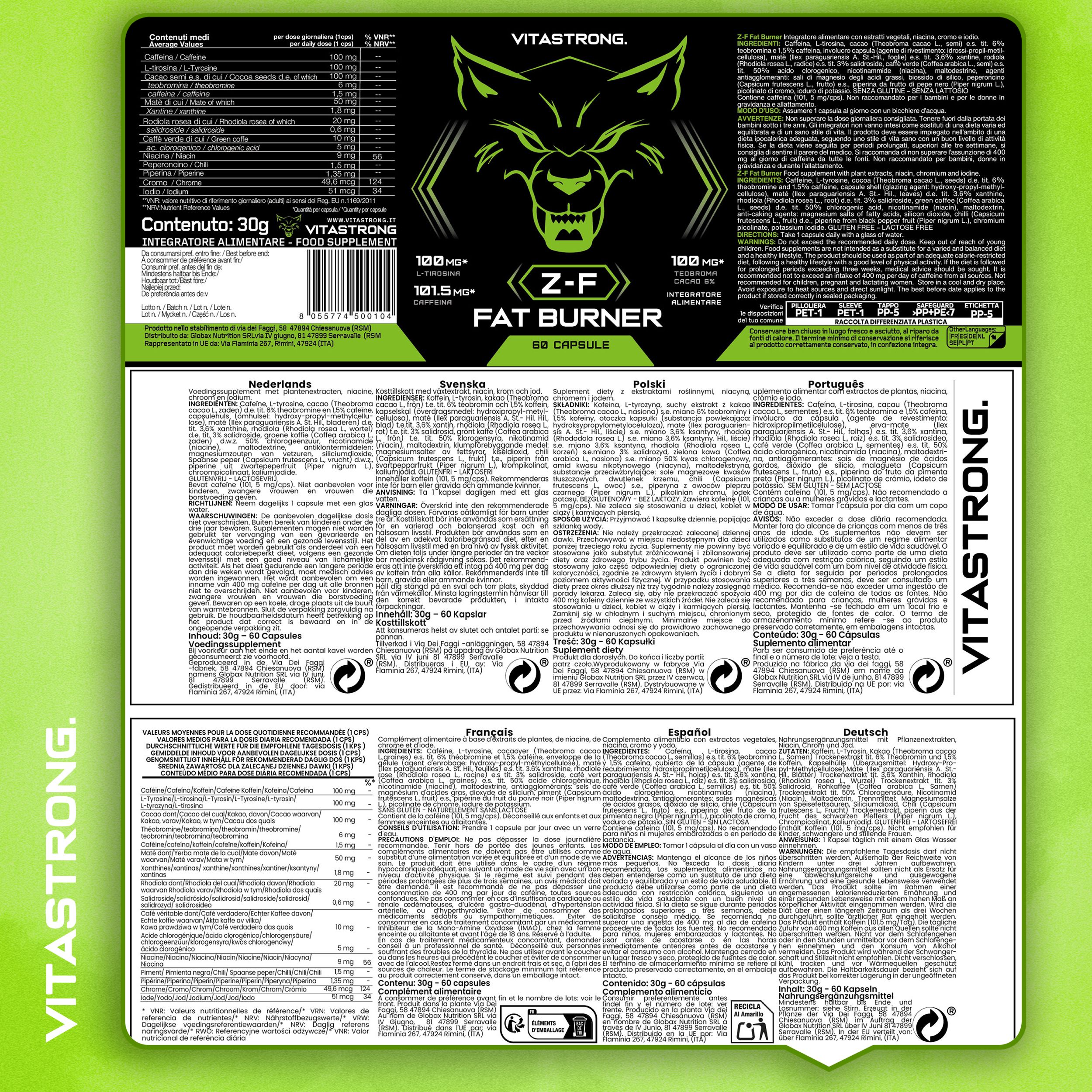 Vitastrong Z-F Fat Burner. Rückseite der Verpackung mit Inhaltsstoffen und Informationen.