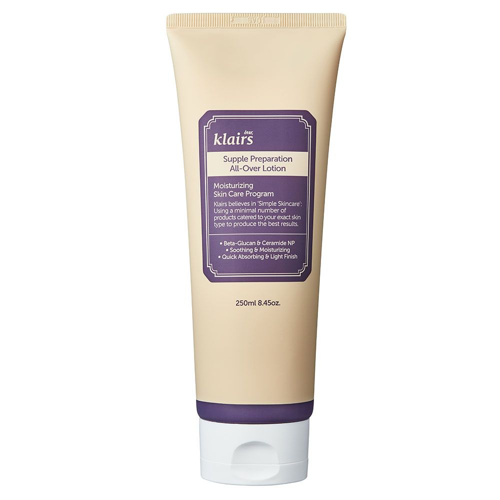 Beige Tube mit lila Etikett. Text: klairs, Supple Preparation All-Over Lotion. 250ml.