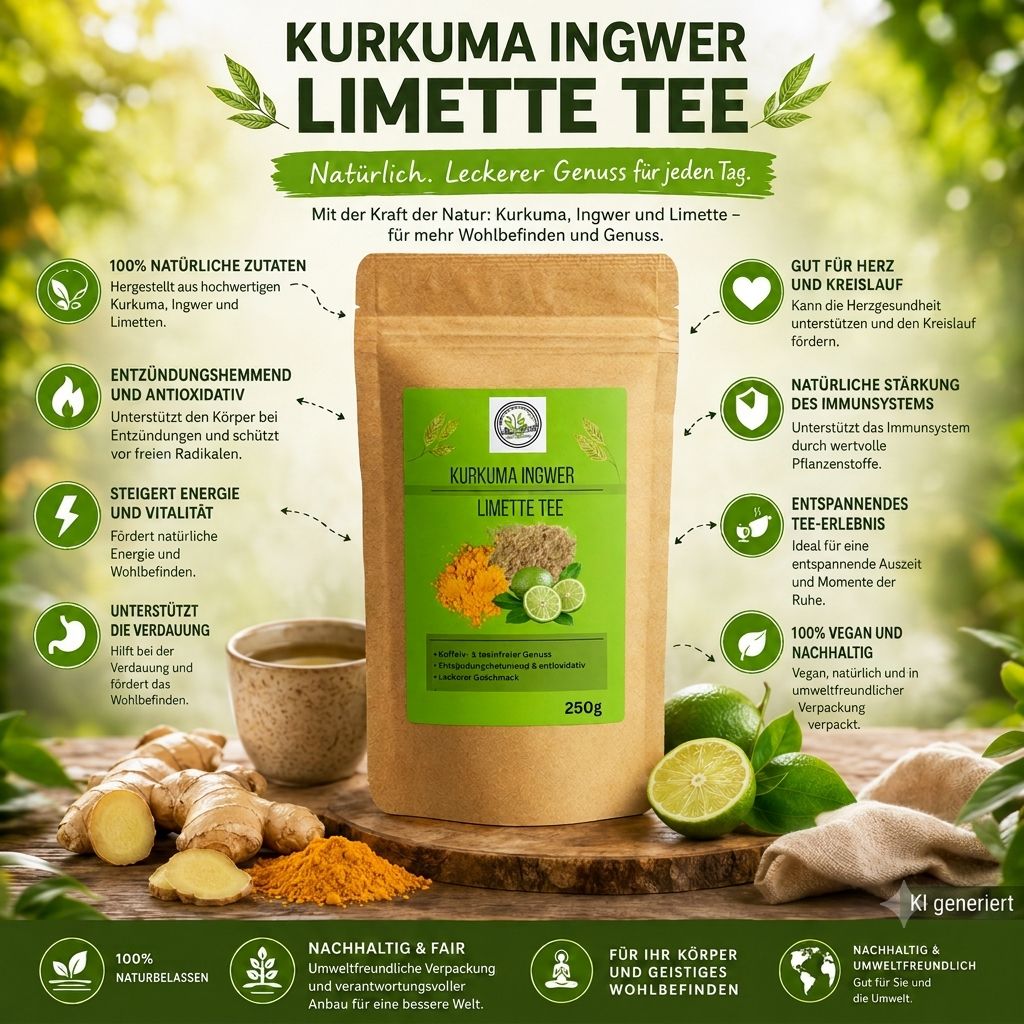 Kurkuma Ingwer Limette Tee 250g Beutel, umgeben von Infografiken zu gesundheitlichen Vorteilen und natürlichen Zutaten.