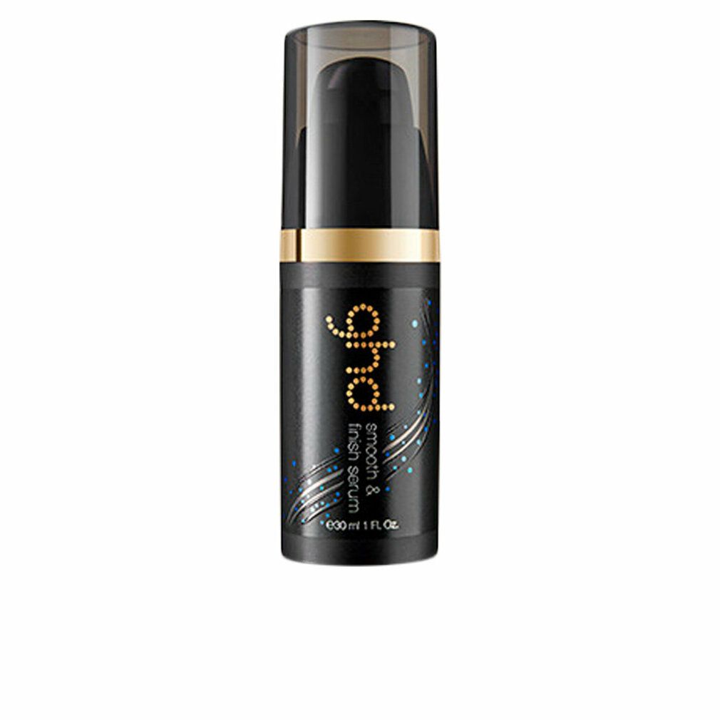 Schwarze Flasche mit goldfarbenen Akzenten. Aufschrift: ghd smooth & finish serum. Mit Dosierpumpe und Deckel. 30 ml.