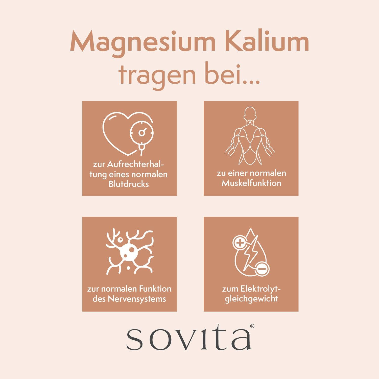 Grafik mit Symbolen: Herz, Muskeln, Nervenzellen, Elektrolyte. Text: Magnesium Kalium tragen bei... sovita Logo.