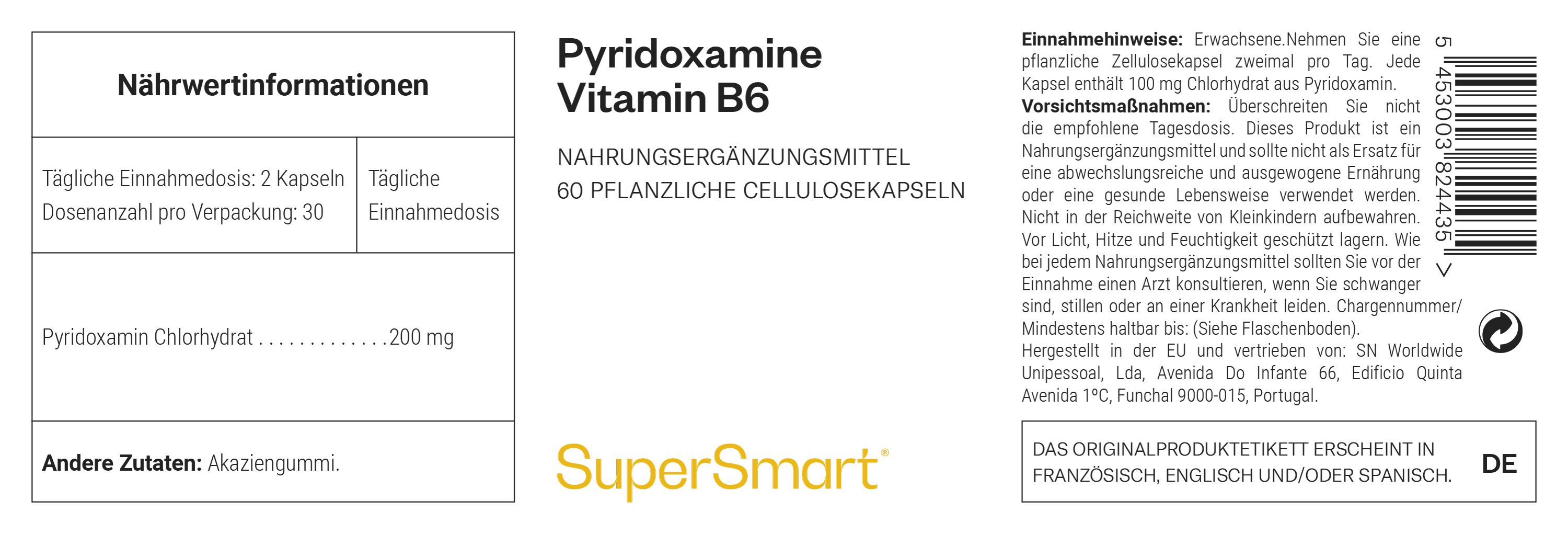 Etikett mit Informationen zu Pyridoxamin Vitamin B6. Enthält 60 pflanzliche Cellulosekapseln. SuperSmart Logo. Nährwertangaben und Anwendungshinweise.