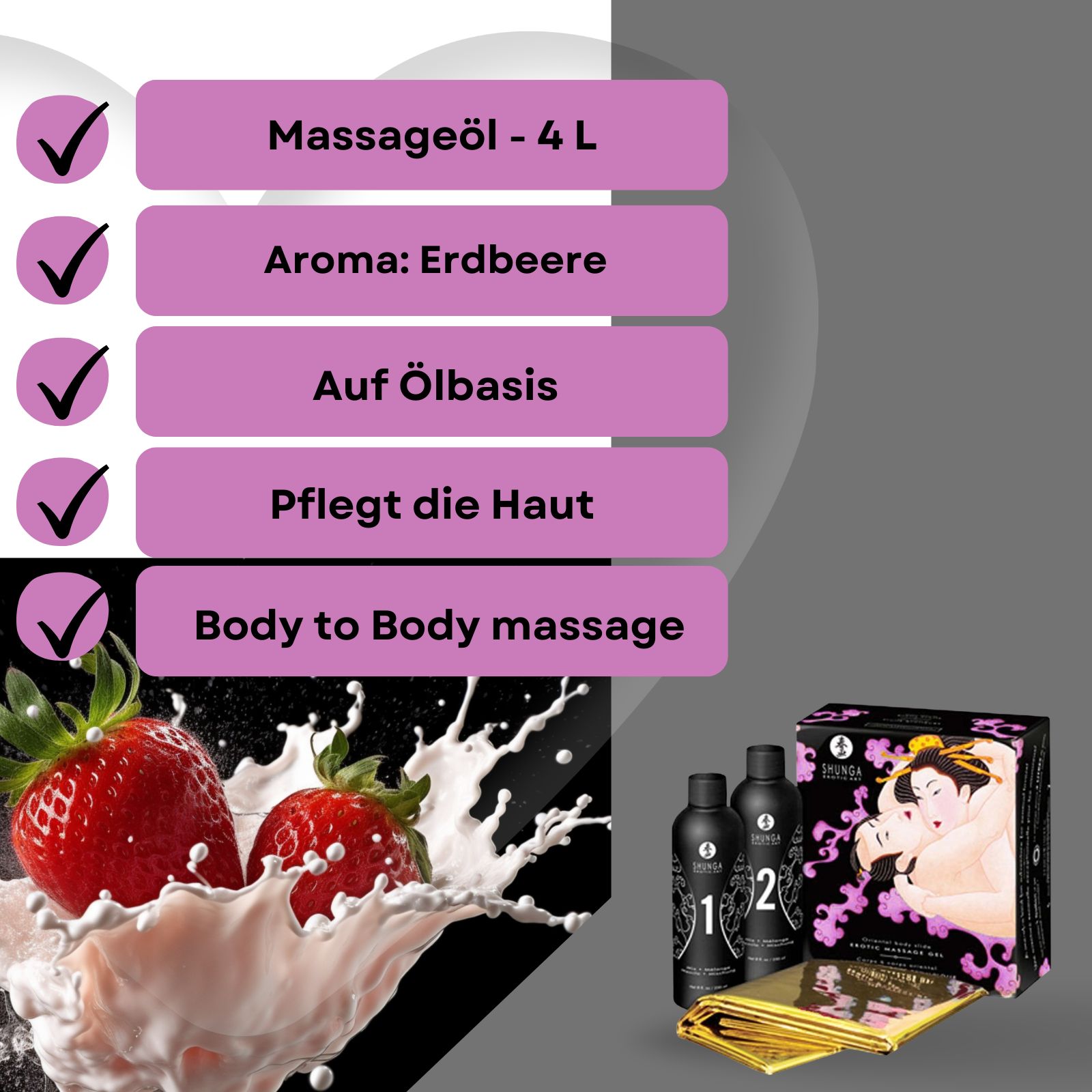 Produktabbildung mit Erdbeeren und Milch. Textfelder: Massageöl - 4 L, Aroma: Erdbeere, Auf Ölbasis, Pflegt die Haut, Body to Body massage.