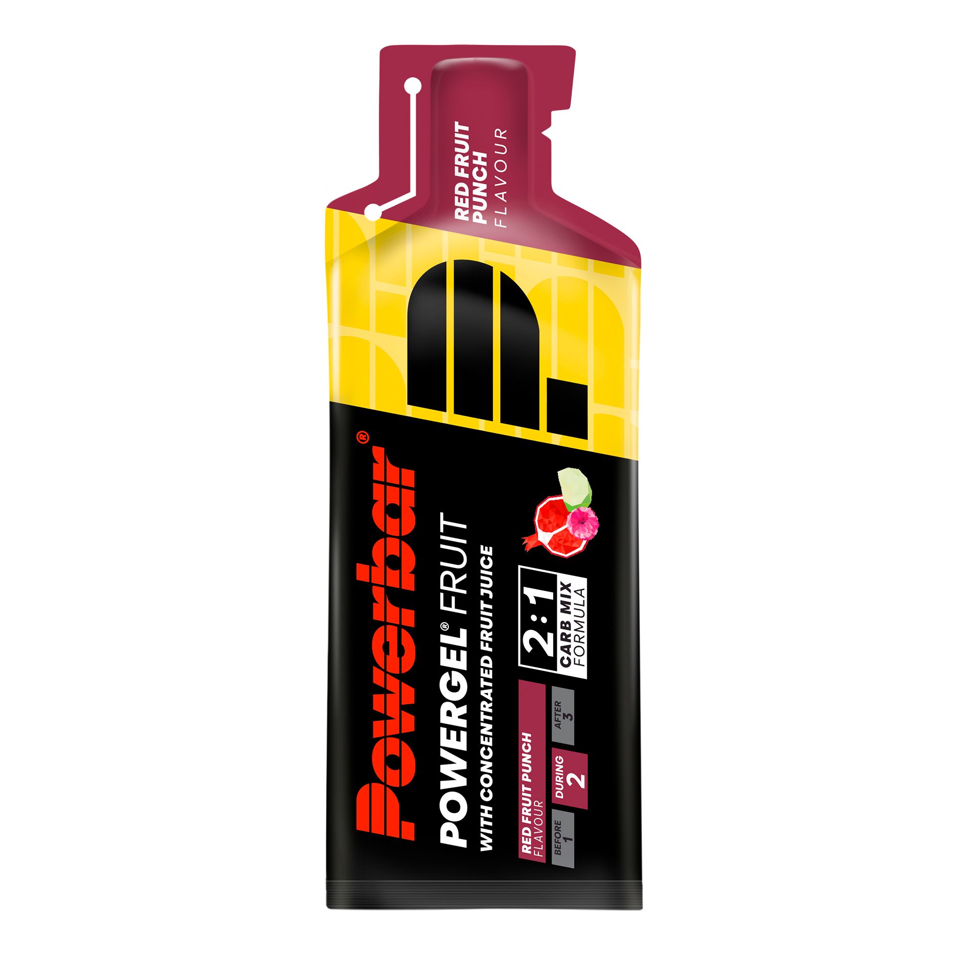 PowerBar PowerGel Fruit, rote Frucht. Gel-Packung mit rotem Deckel. Aufschrift: Red Fruit Punch Flavour.