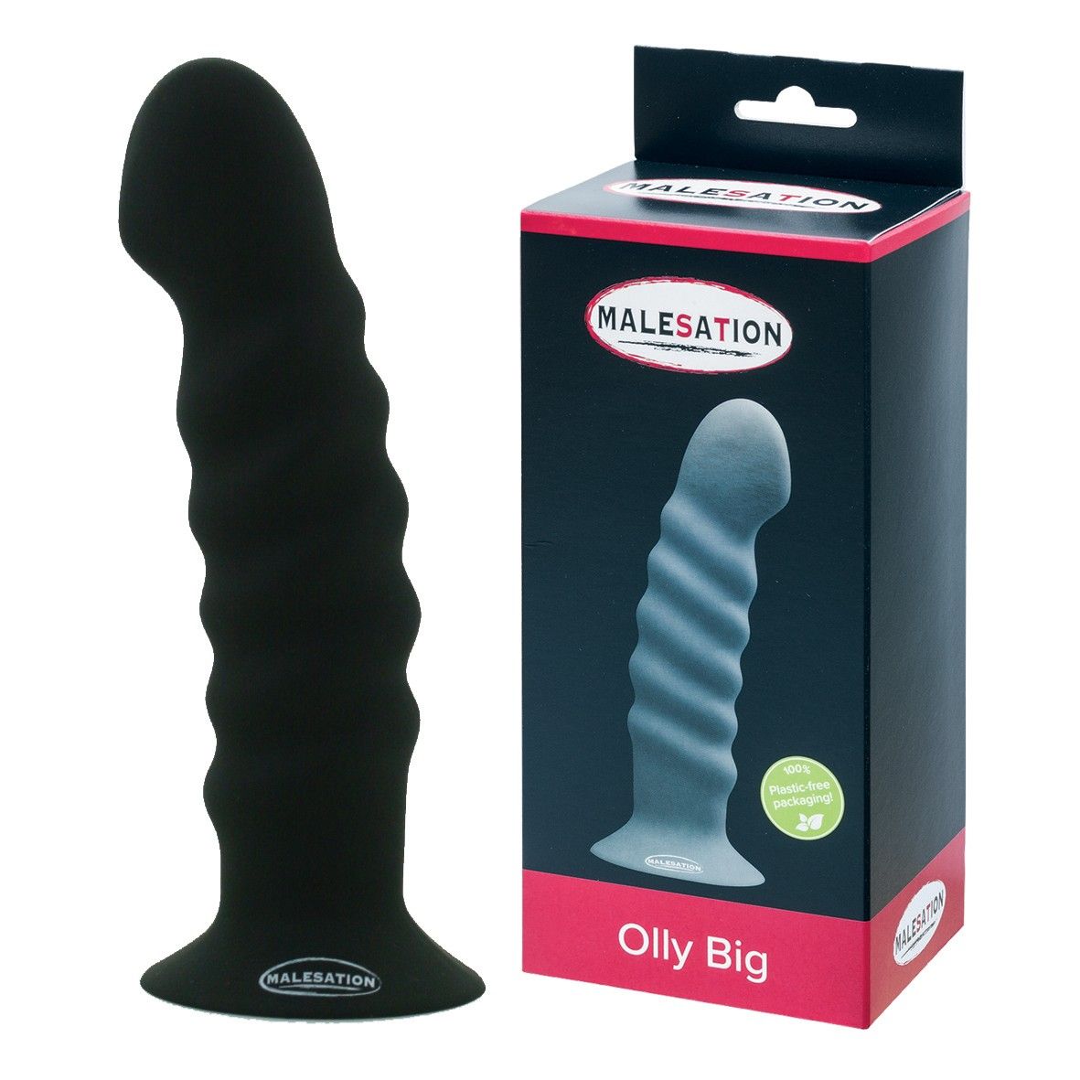 Schwarzer Dildo mit geriffelter Oberfläche und breitem Sockel. Neben der Verpackung mit Produktabbildung und Schriftzug MALESATION.