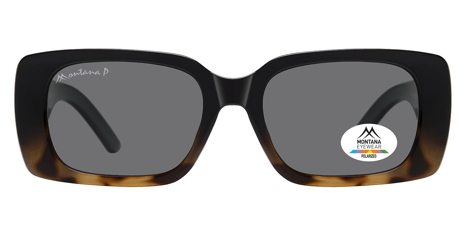 Rechteckige Sonnenbrille mit braunem Rahmen und grauen Gläsern. Montana Eyewear Logo und Polarized-Aufkleber.