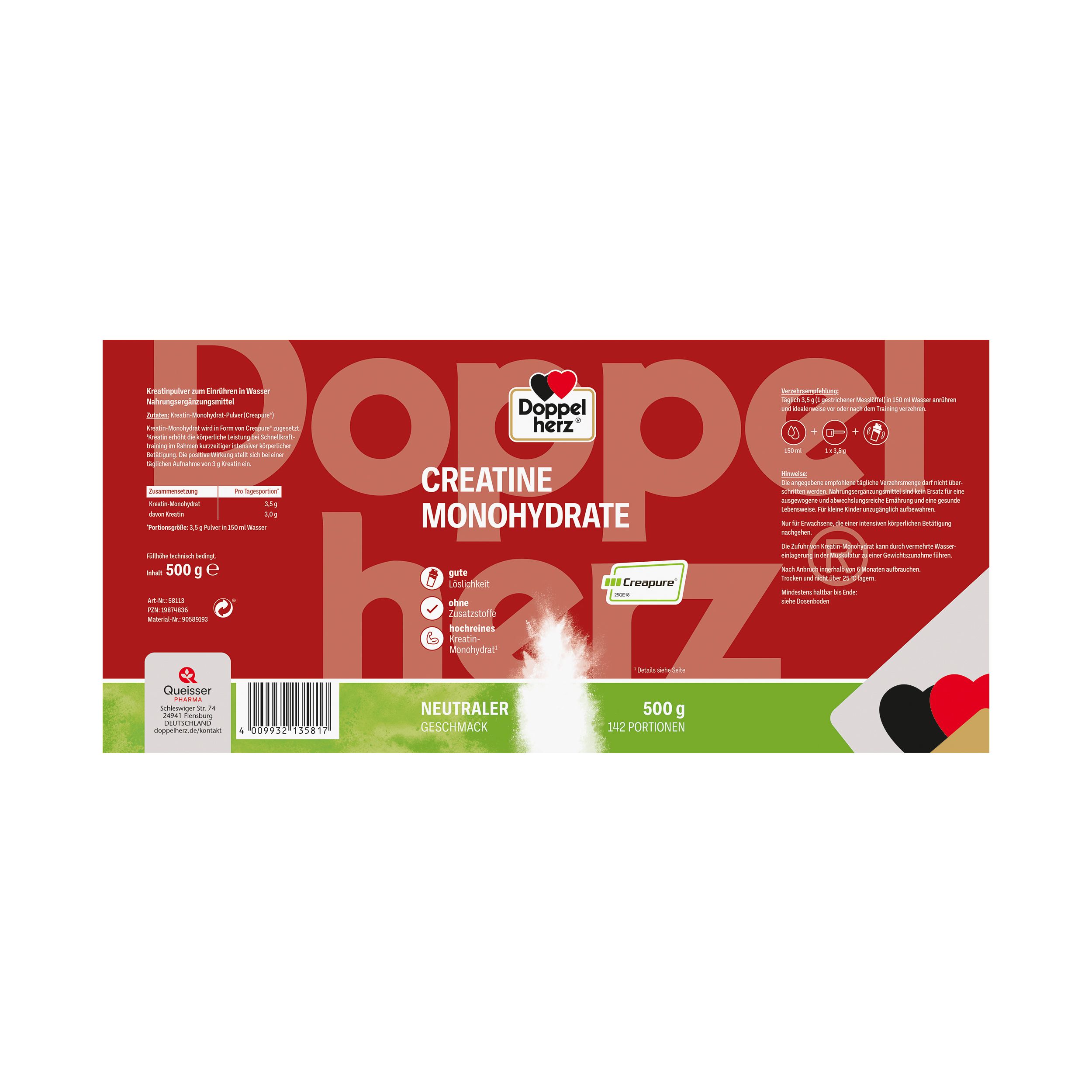 Verpackung von Doppelherz Creatine Monohydrate. Rote und grüne Farbgebung. Text: Creatine Monohydrate, 500 g, Creapure.