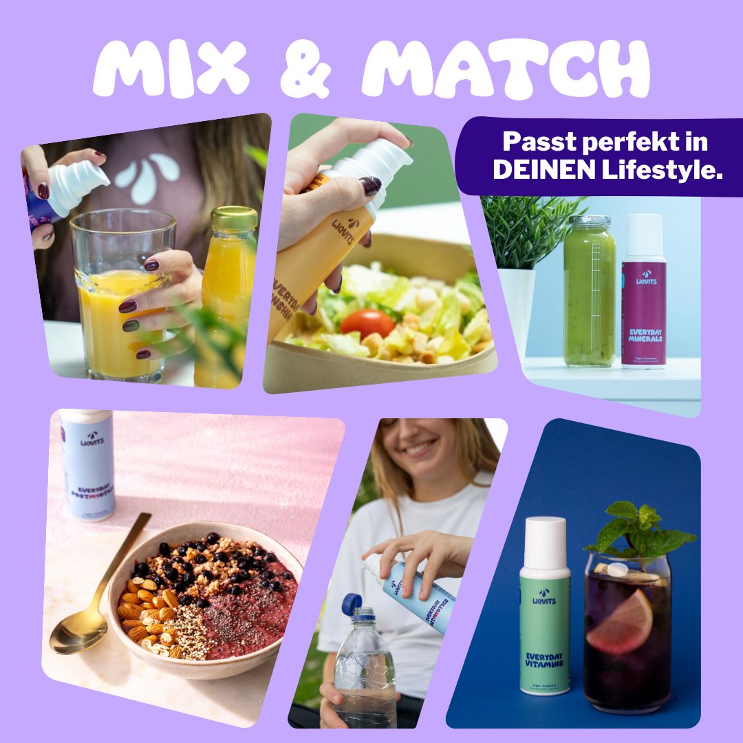 Verschiedene Bilder mit Flaschen. Mix & Match. Flasche in Getränken, Salaten, etc. Passend für deinen Lifestyle.