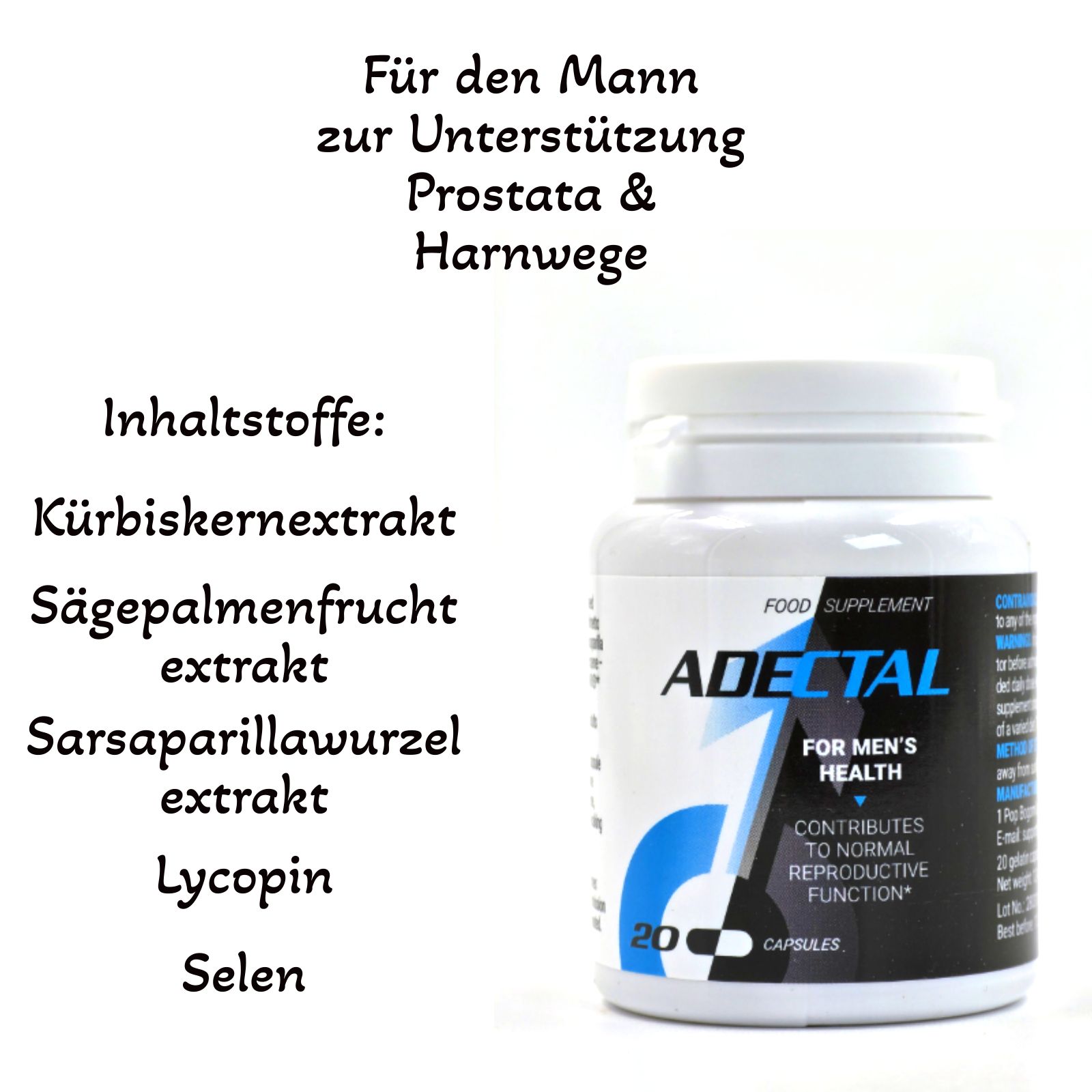 Flasche ADECtal Kapseln neben Text. Text: Für den Mann, zur Unterstützung Prosta & Harnwege. Zutatenliste.