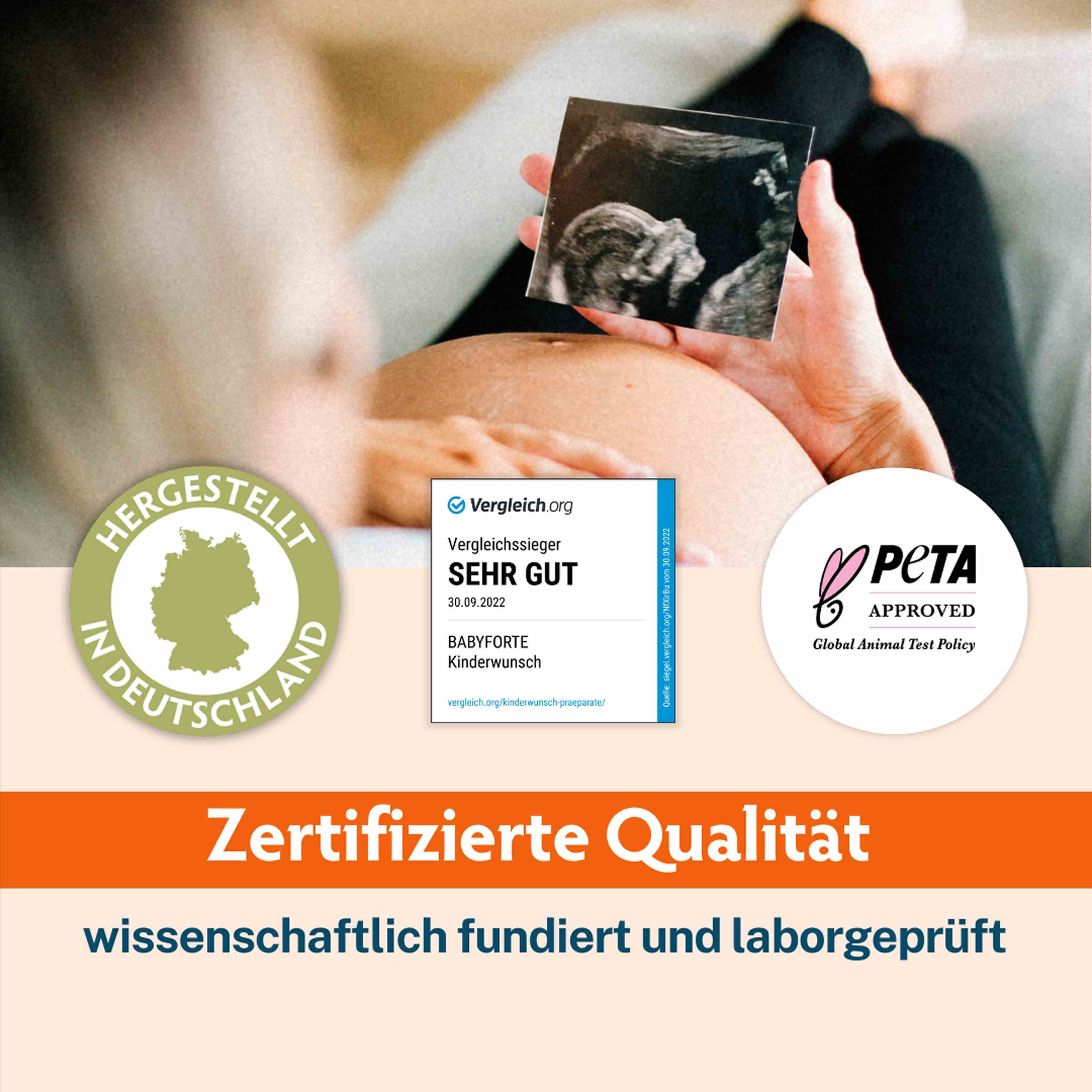 Eine Frau hält ein Ultraschallbild. Logos: Hergestellt in Deutschland, Vergleich.org, PETA Approved. Text: Zertifizierte Qualität, wissenschaftlich fundiert.