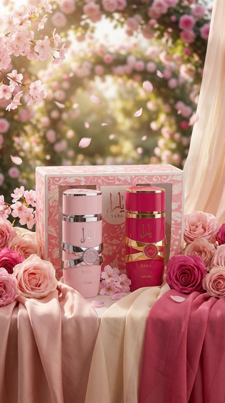 Zwei Yara-Parfümflaschen, eine rosa und eine pink, in einer Geschenkbox, umgeben von Rosen.