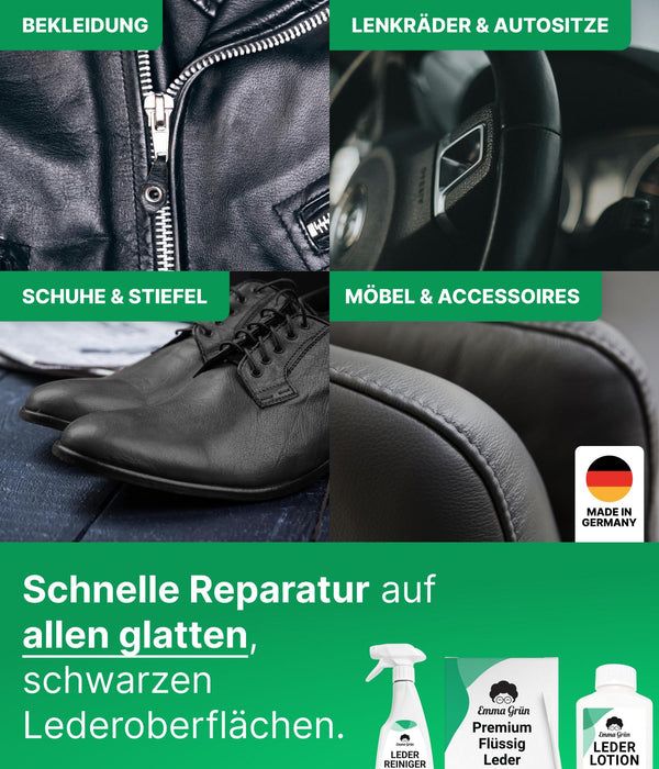 Emma Grün® Leder Reparatur Komplettset mit Reiniger, Flüssigleder & Lederpflege