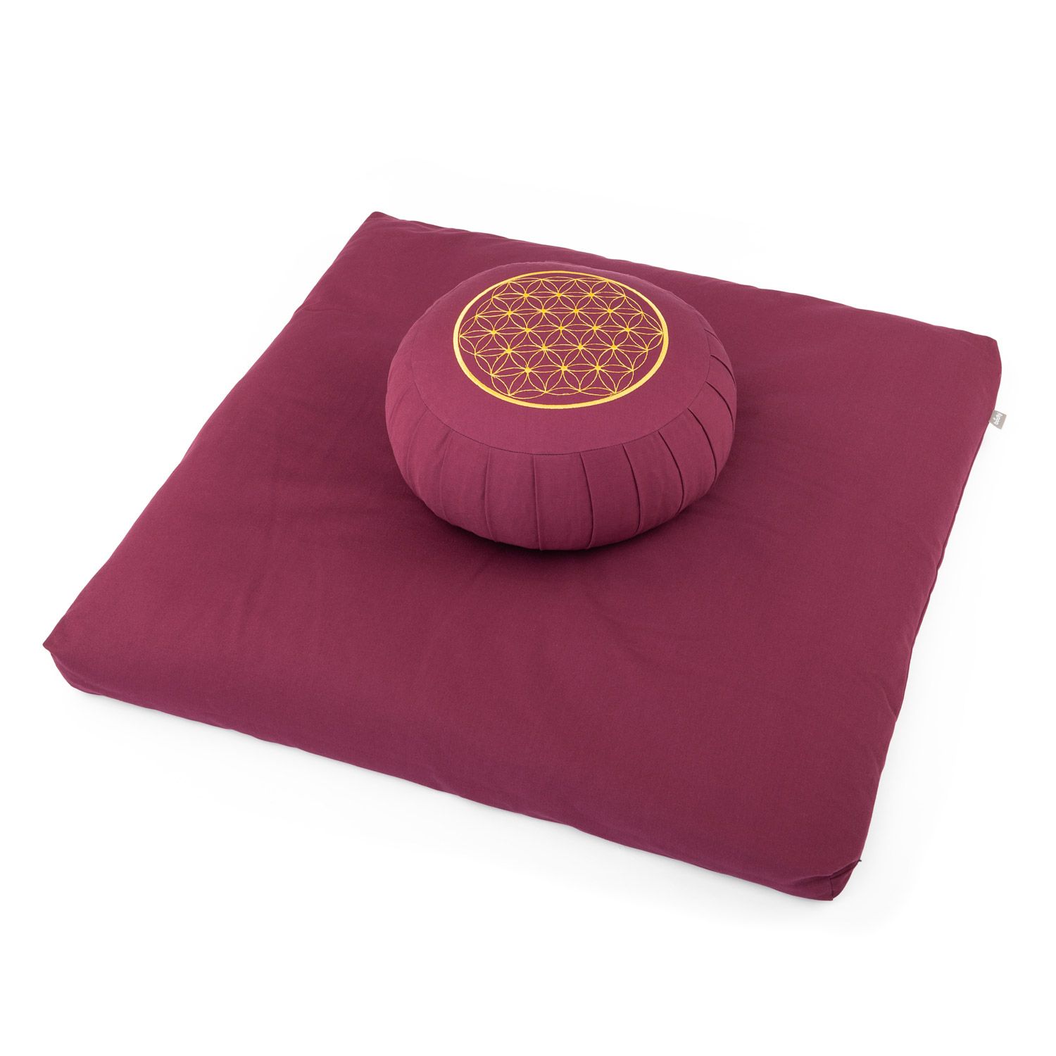 Medi-Set Eco: Meditationskissen Zafu ECO aubergine, Stick Blume des Lebens, Dinkel & Zabuton ECO