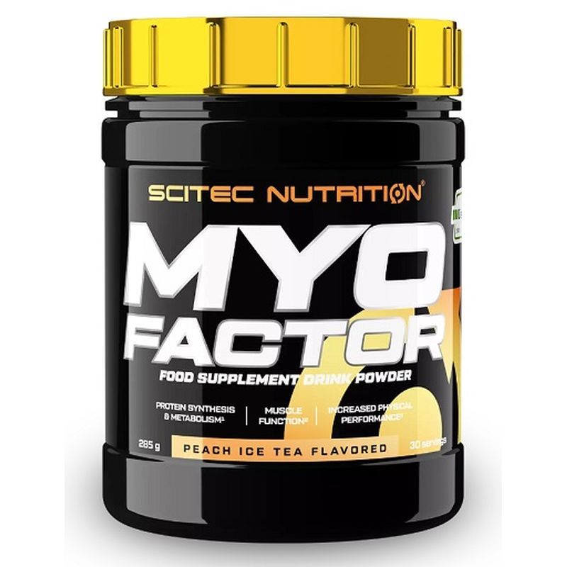 Schwarze Dose mit gelbem Deckel. Aufschrift: Scitec Nutrition MyoFactor, Peach Ice Tea. 285g, 30 Portionen.