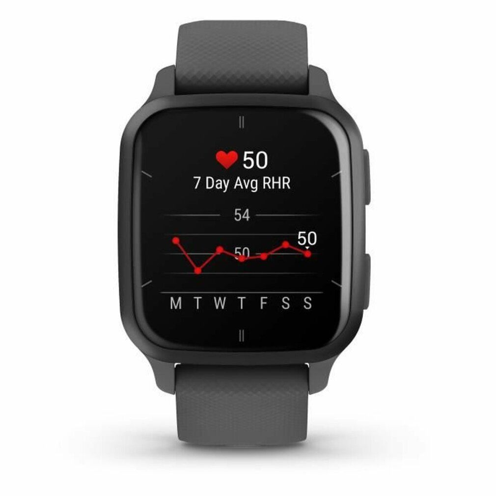Graue Smartwatch mit schwarzem Display. Zeigt Herzfrequenz-Diagramm. Graues Armband, schwarzes Gehäuse. Datenanzeige.