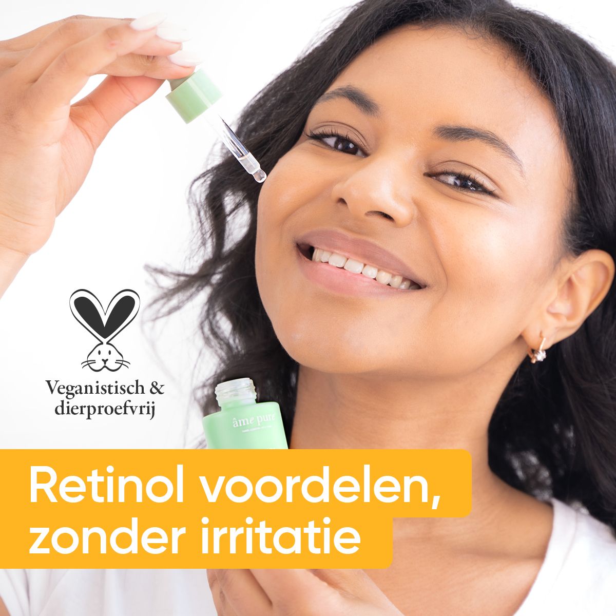 Voor-en-na vergelijking. Oogcontour en huid. Tekst: Echte klanten - Echte resultaten. Geschikt voor gevoelige huid.