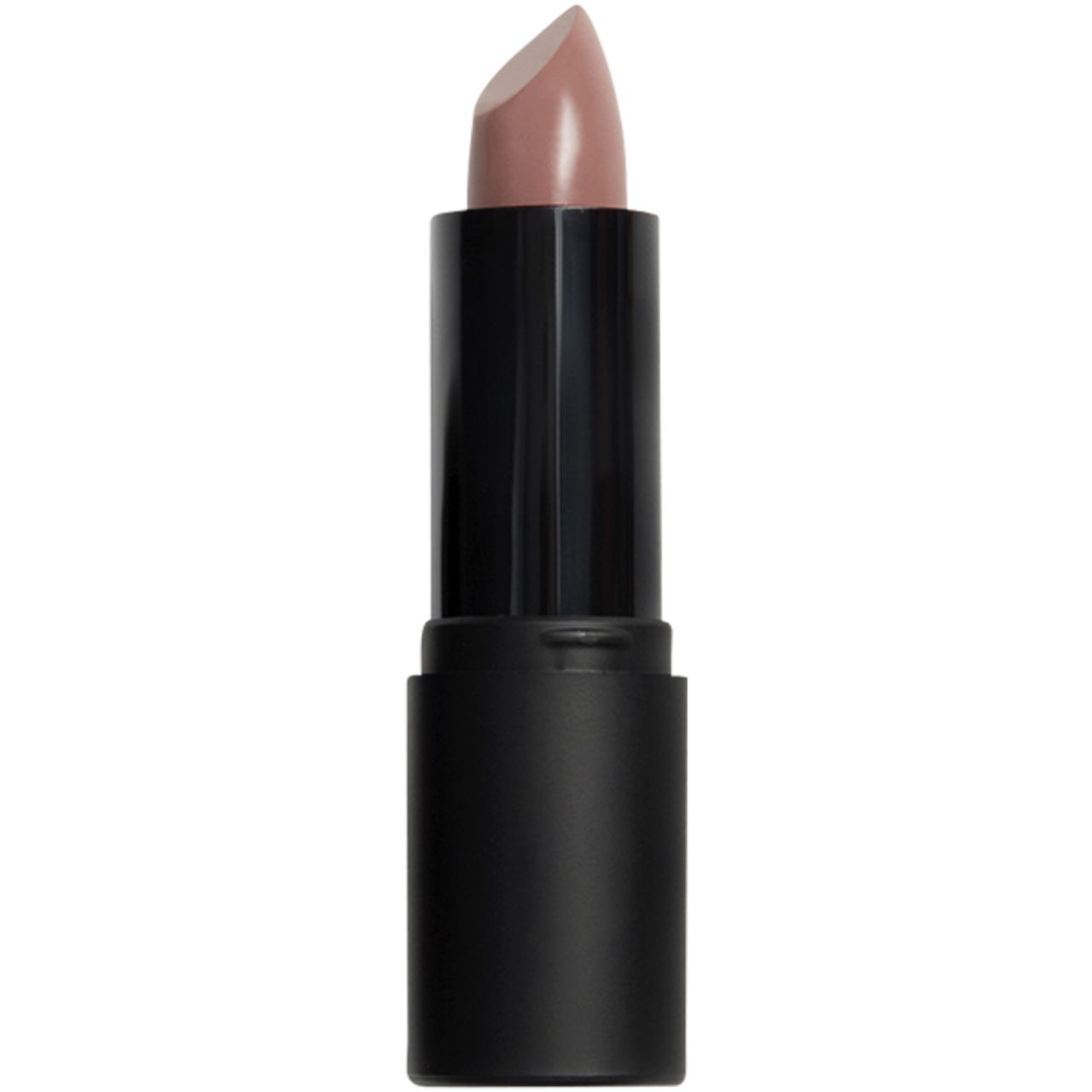 Lippenstift mit abgeschrägter Spitze. Schwarze Hülse. Der Lippenstift hat einen hellbraunen Farbton.