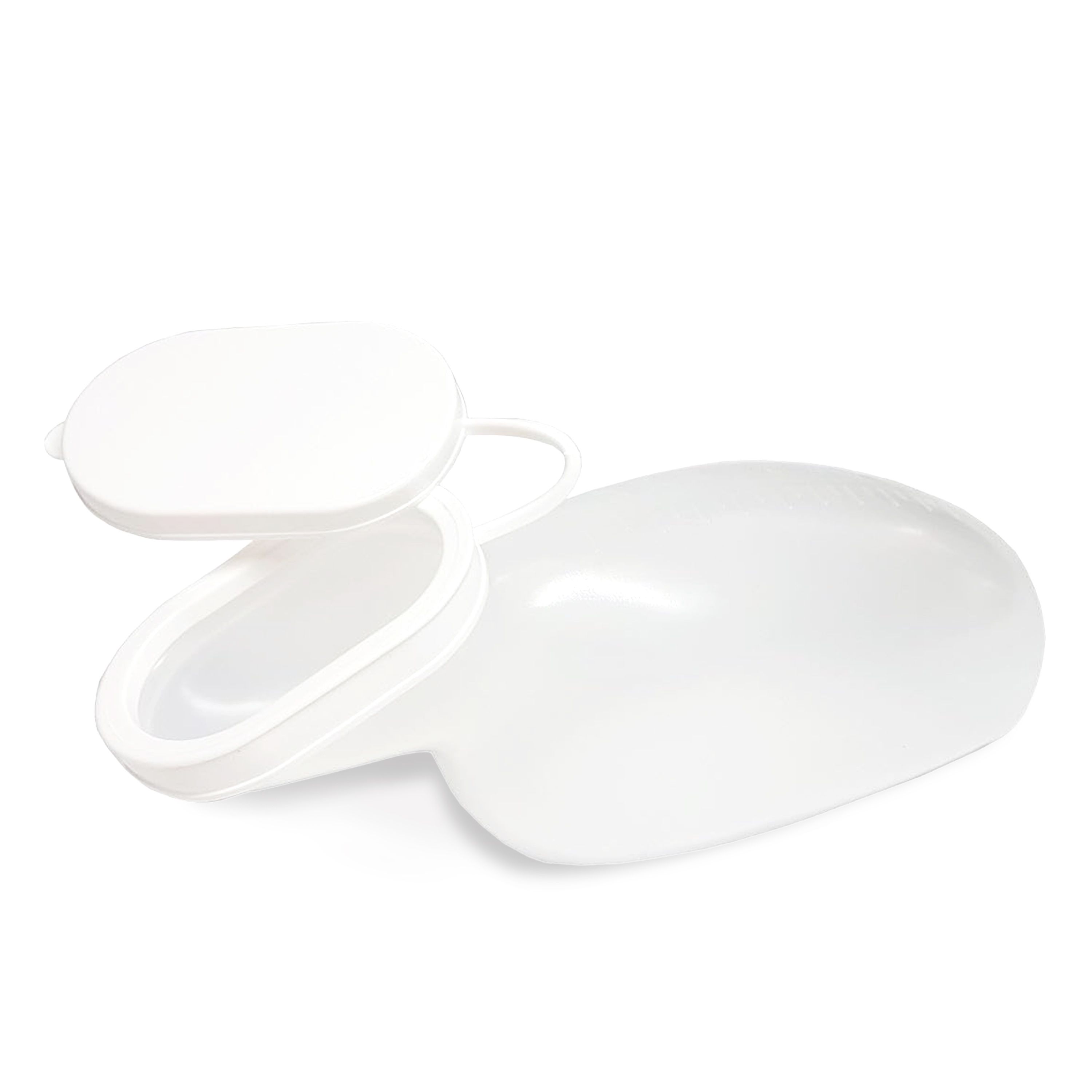 Weißes Urinfläschchen für Frauen, mit Deckel und Griff. Aus Kunststoff. Deckel teilweise geöffnet.