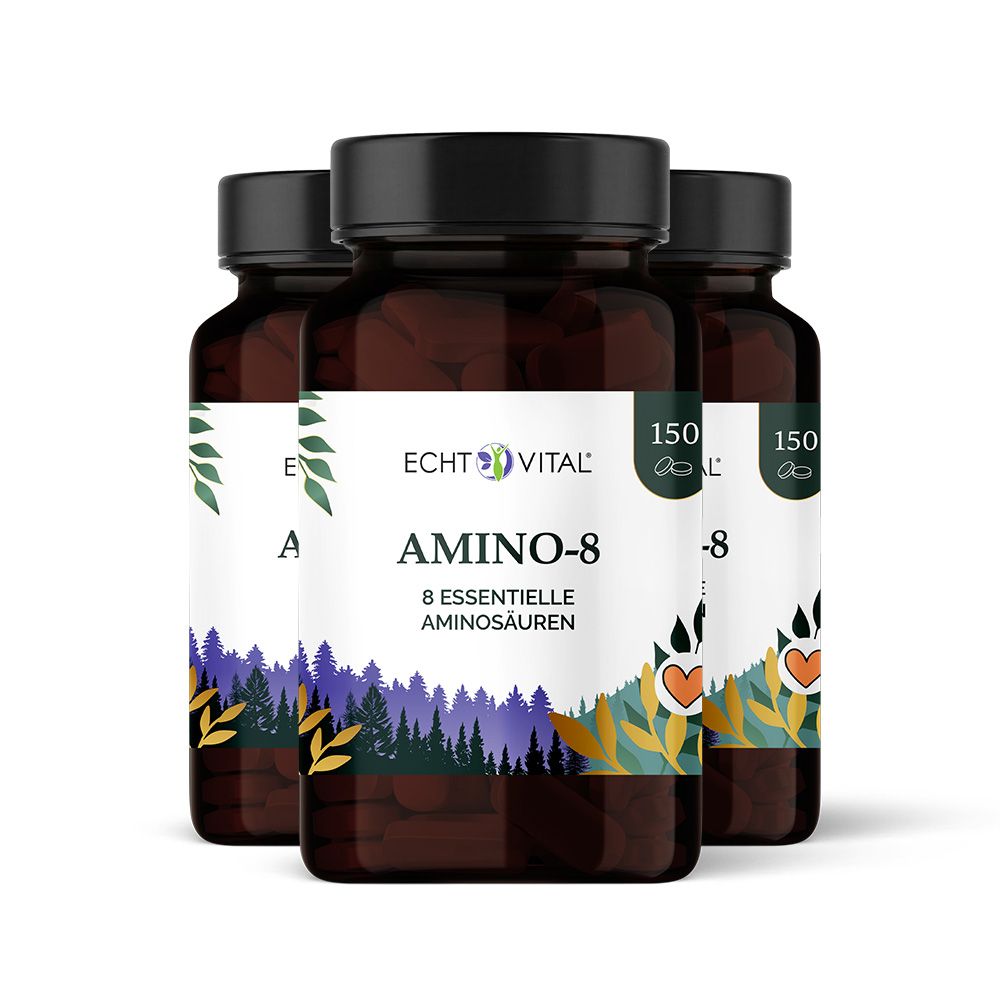 Drei braune Flaschen mit weißem Etikett. Aufschrift: Echt Vital Amino-8, 8 essentielle Aminosäuren. 150 Kapseln.