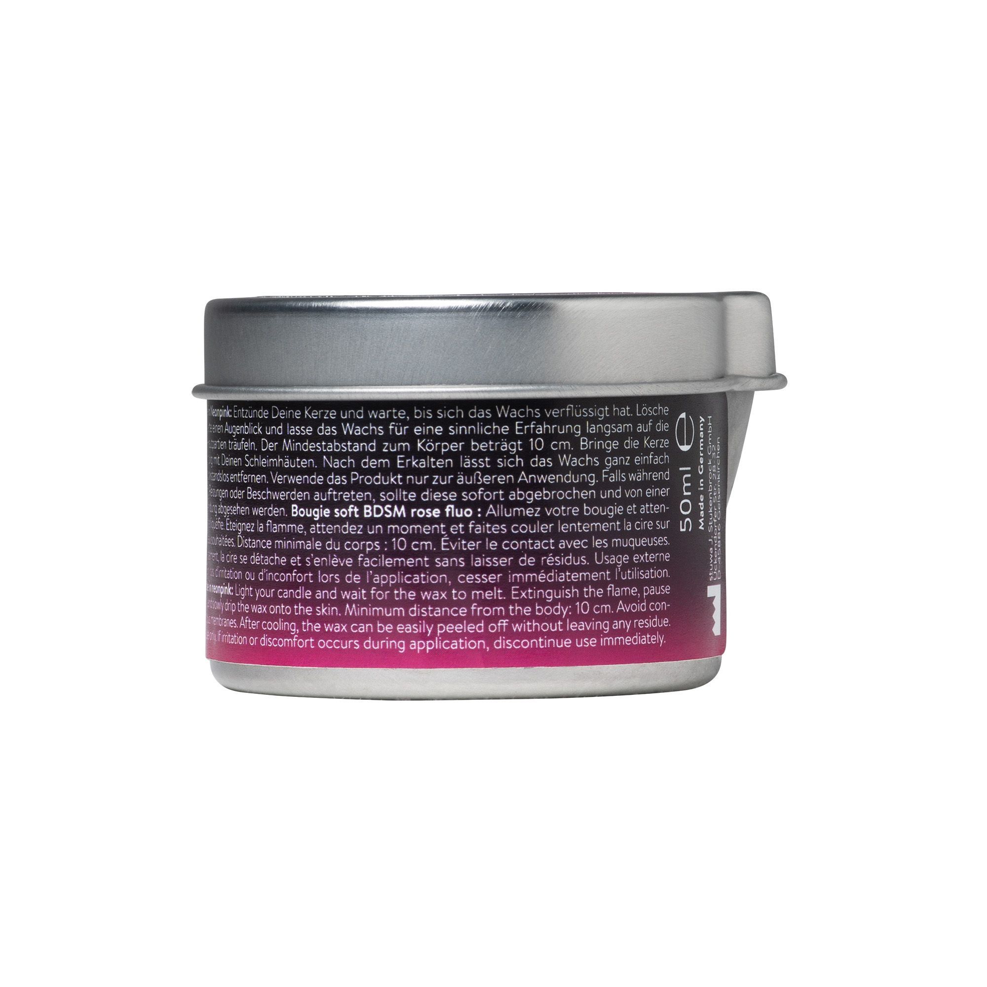 Zylindrischer Behälter mit Text. Aufschrift: "Rouge soft BDSM rose fleur" und Text. 50ml.